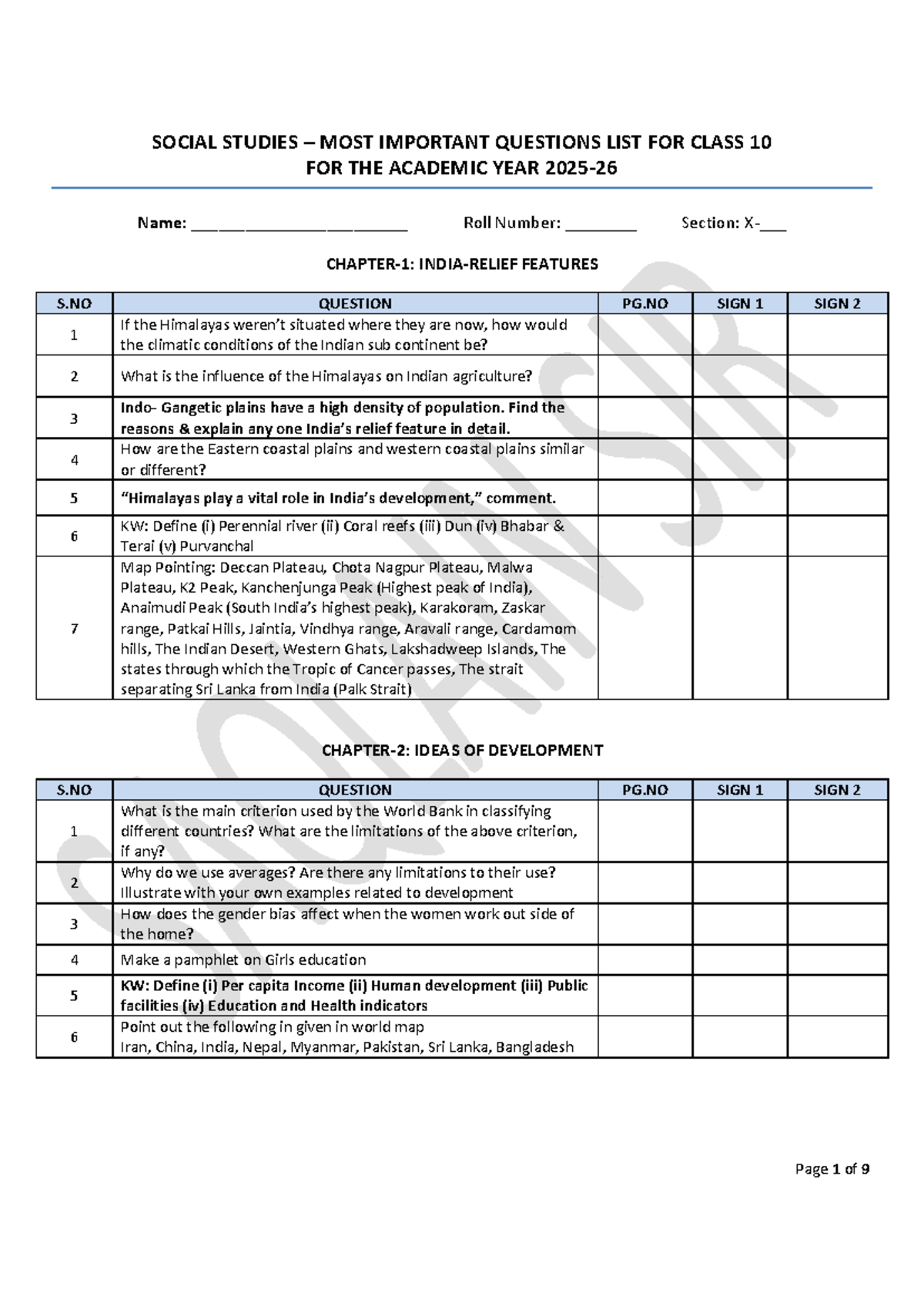 SOCIAL STUDIES CLASS 10 IMPORTANT QUESTIONS LIST FOR 2026 - Studocu