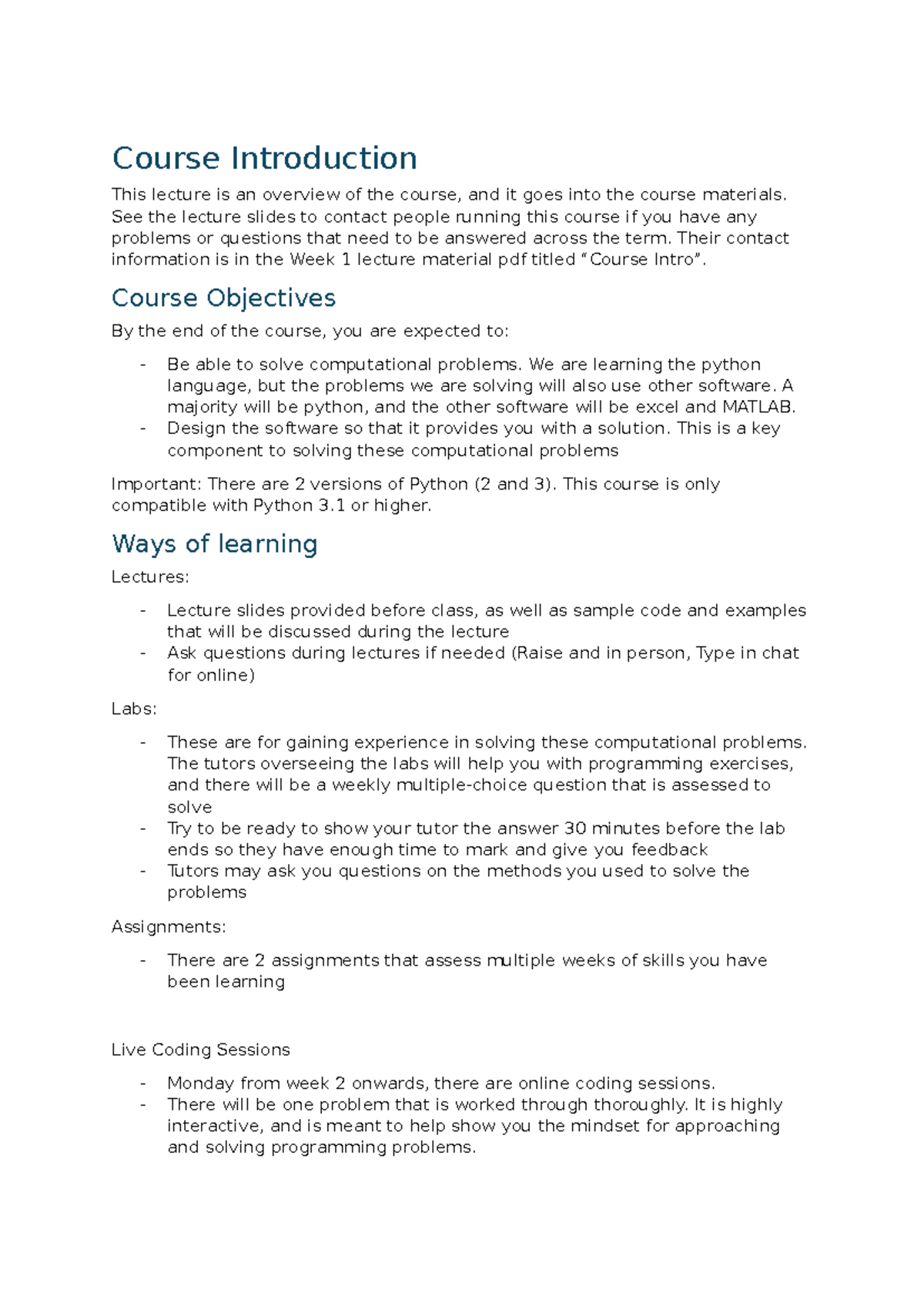 ENGG1811 W1 L1 - Notes from lecture - Course Introduction This lecture ...