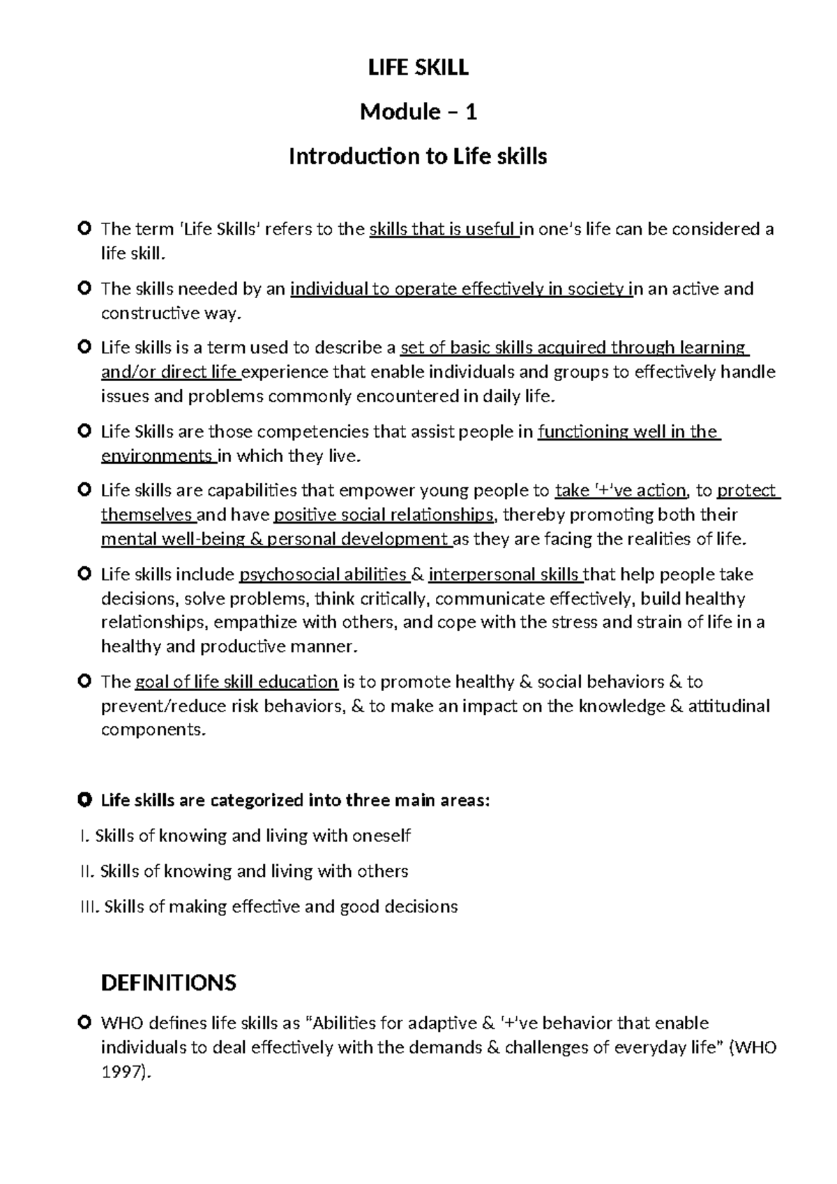 LIFE Skills Introduction - Module 1 Overview and Importance - Studocu
