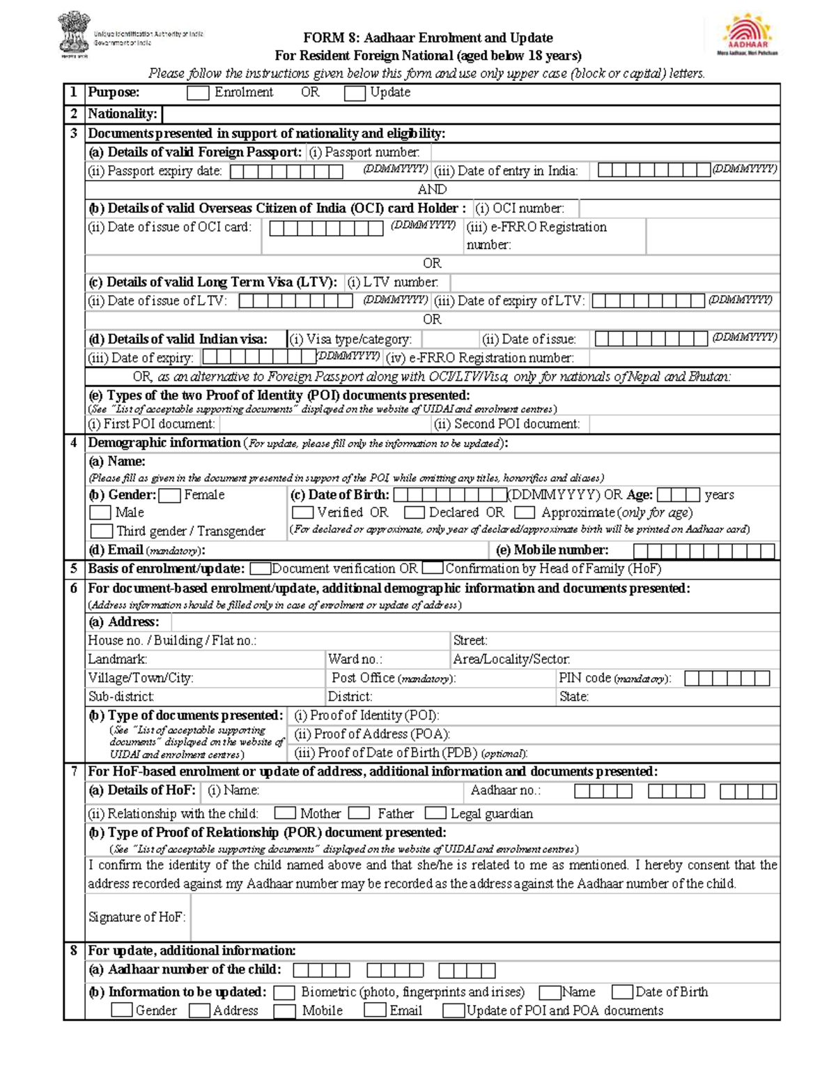 FORM 8: Aadhaar Enrolment & Update for Foreign Nationals (Under 18 ...