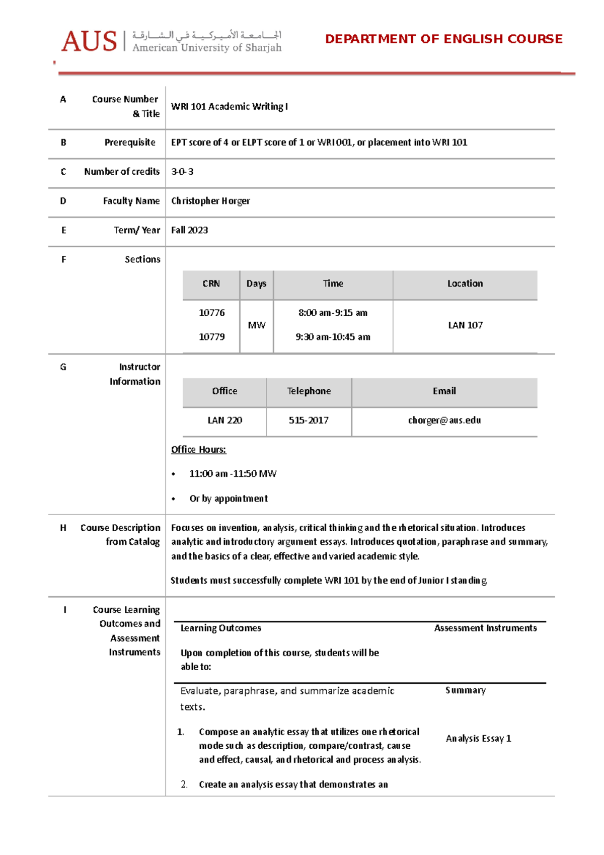 WRI 101 Syllabus: Academic Writing I - Fall 2023 - Studocu