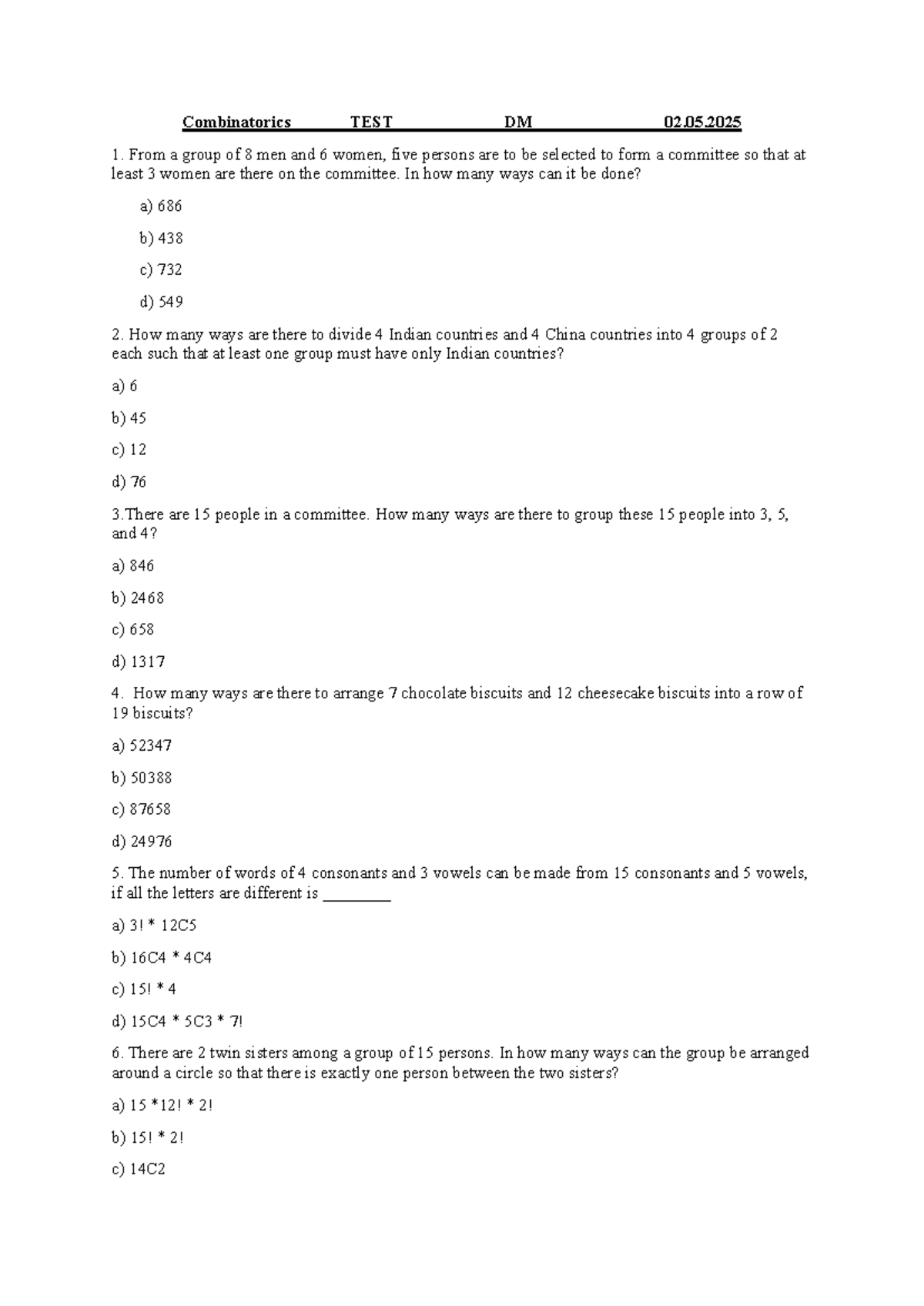 Combinatorics Test 2 - Discrete mathematics - Combinatorics TEST DM 02 ...