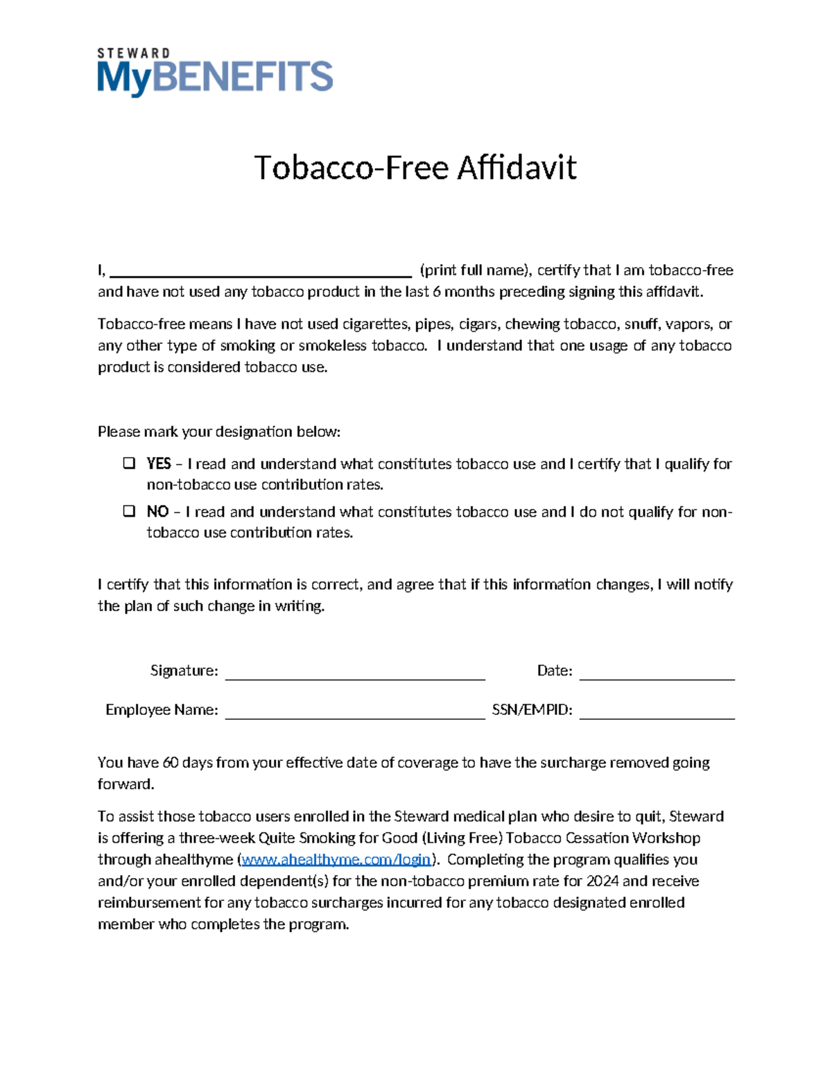 tobacco affidavit Tobacco-Free Affidavit Form for Non-Smoking Verification