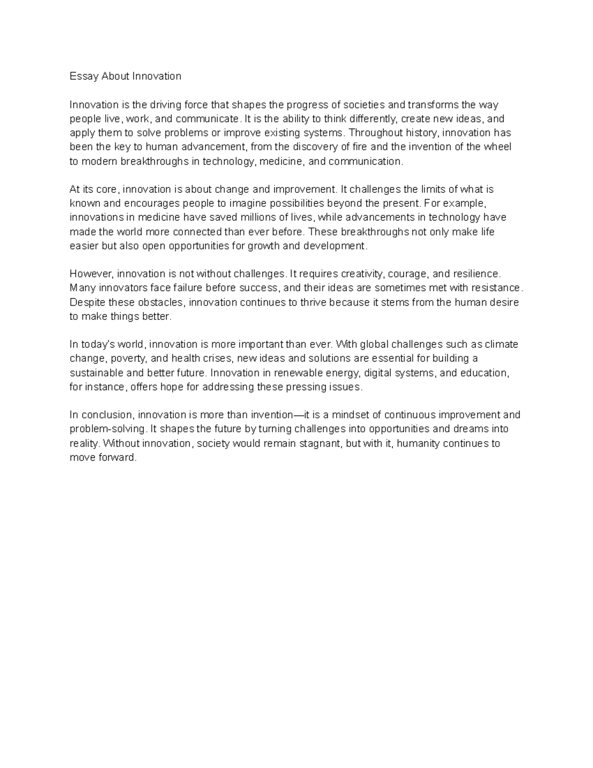 E2 - Essay on the Importance of Innovation in Society - Studocu