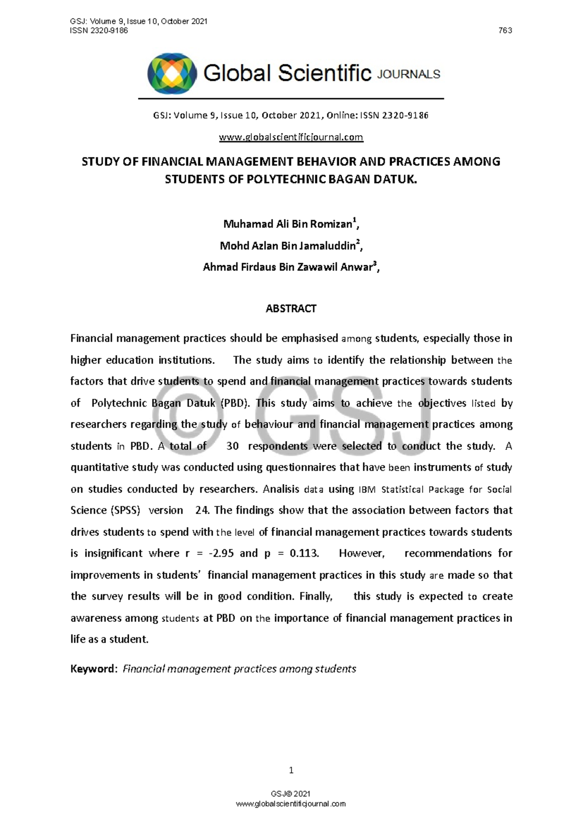 Study of Financial Management Practices Among Students (PBD) - Studocu