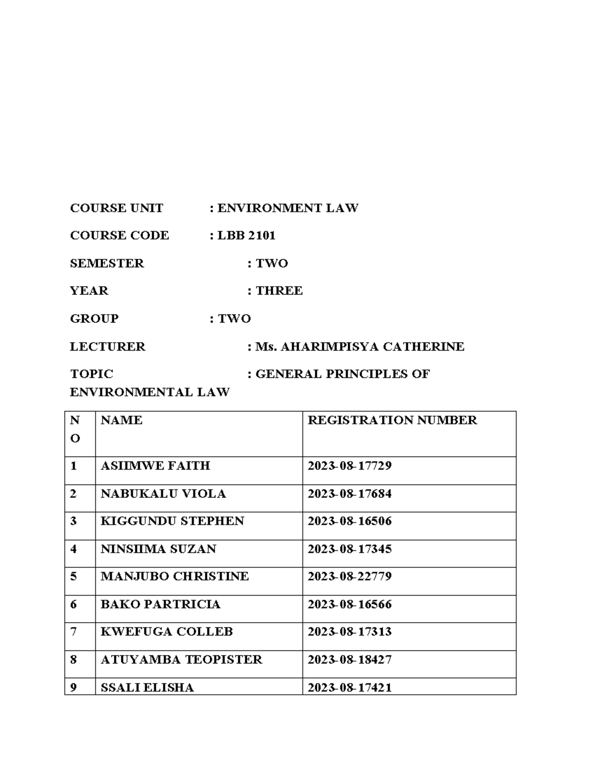 LBB 2101: General Principles of Environmental Law - Study Notes - Studocu