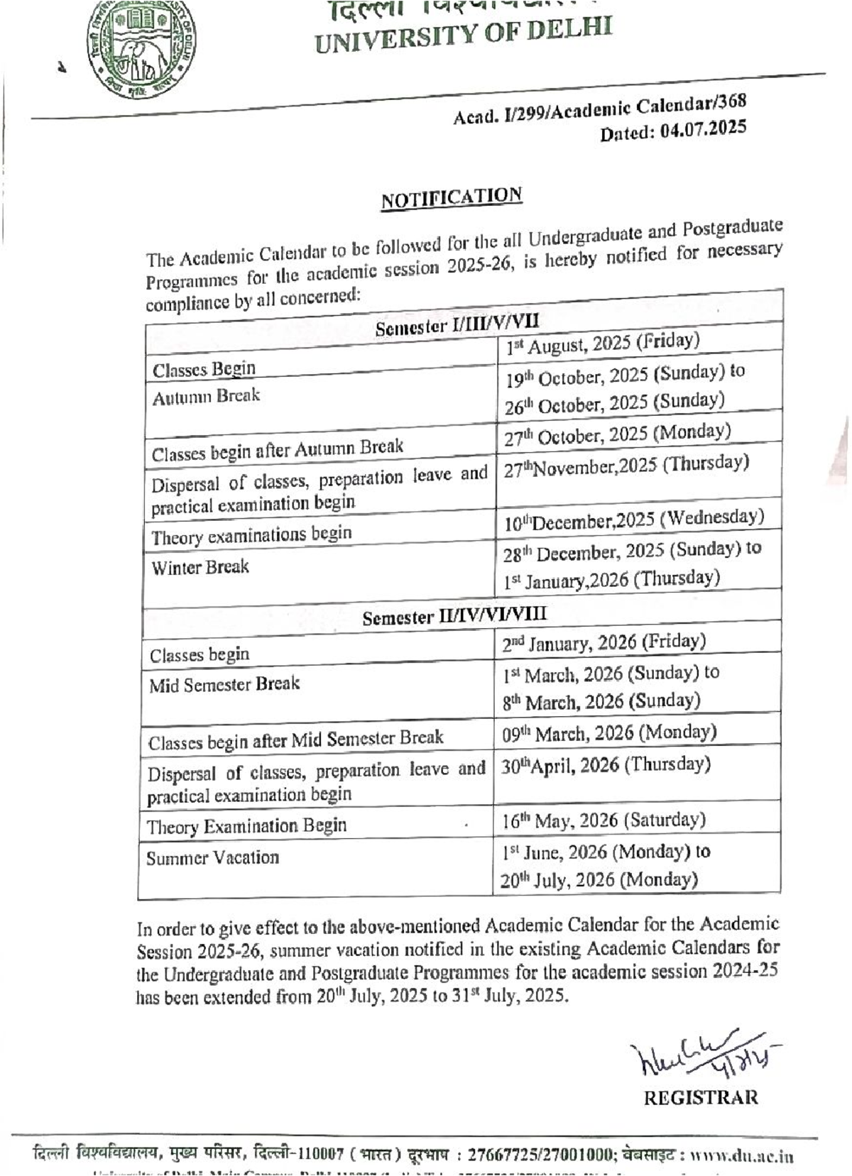 Academic Calendar Notification for UG & PG Programs - DU 2025 - Studocu