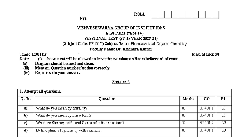 BP401T Pharmaceutical Organic Chemistry Sessional Test Questions - Studocu