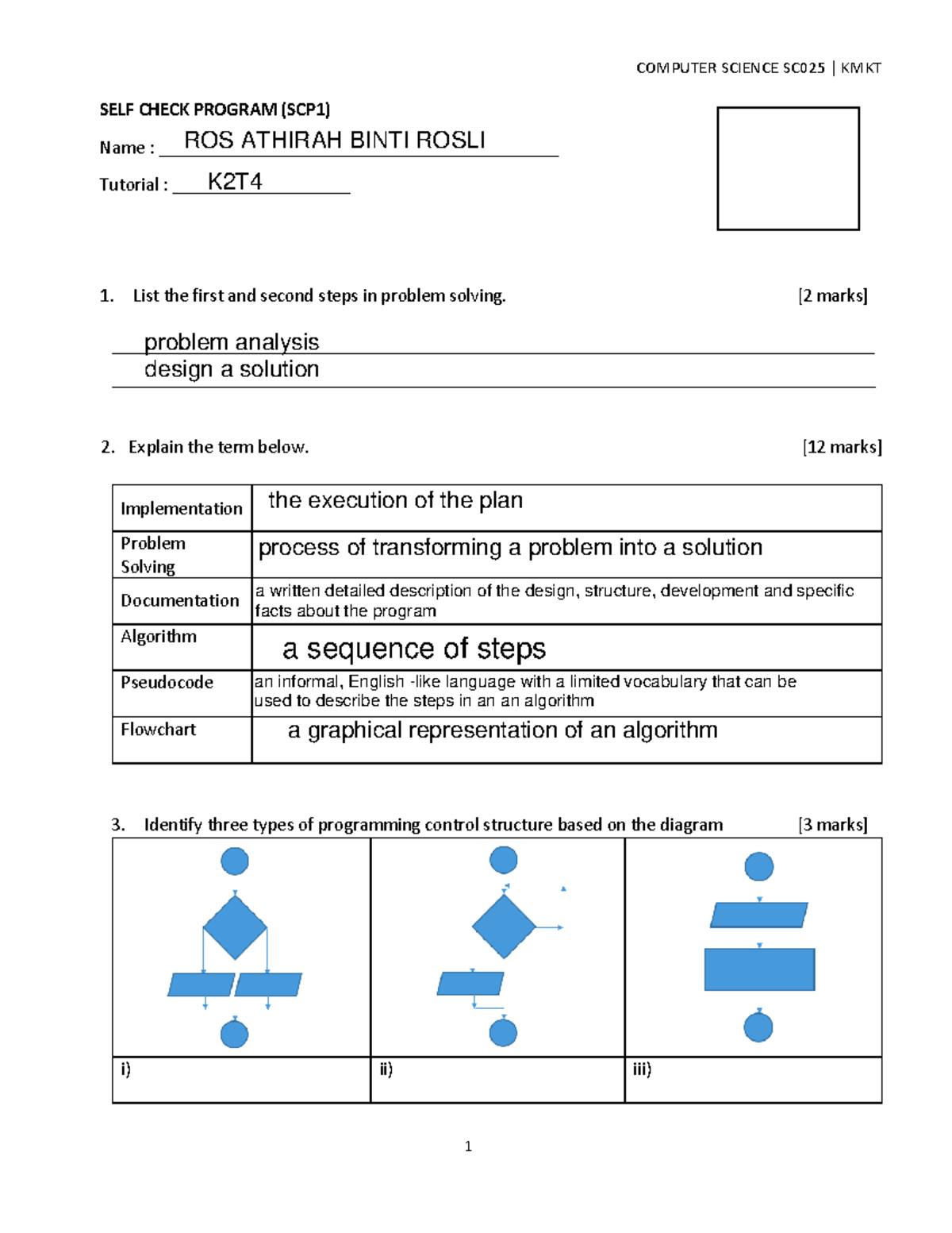 Soalan SC1 - SC025 - SELF CHECK PROGRAM (SCP1) Name