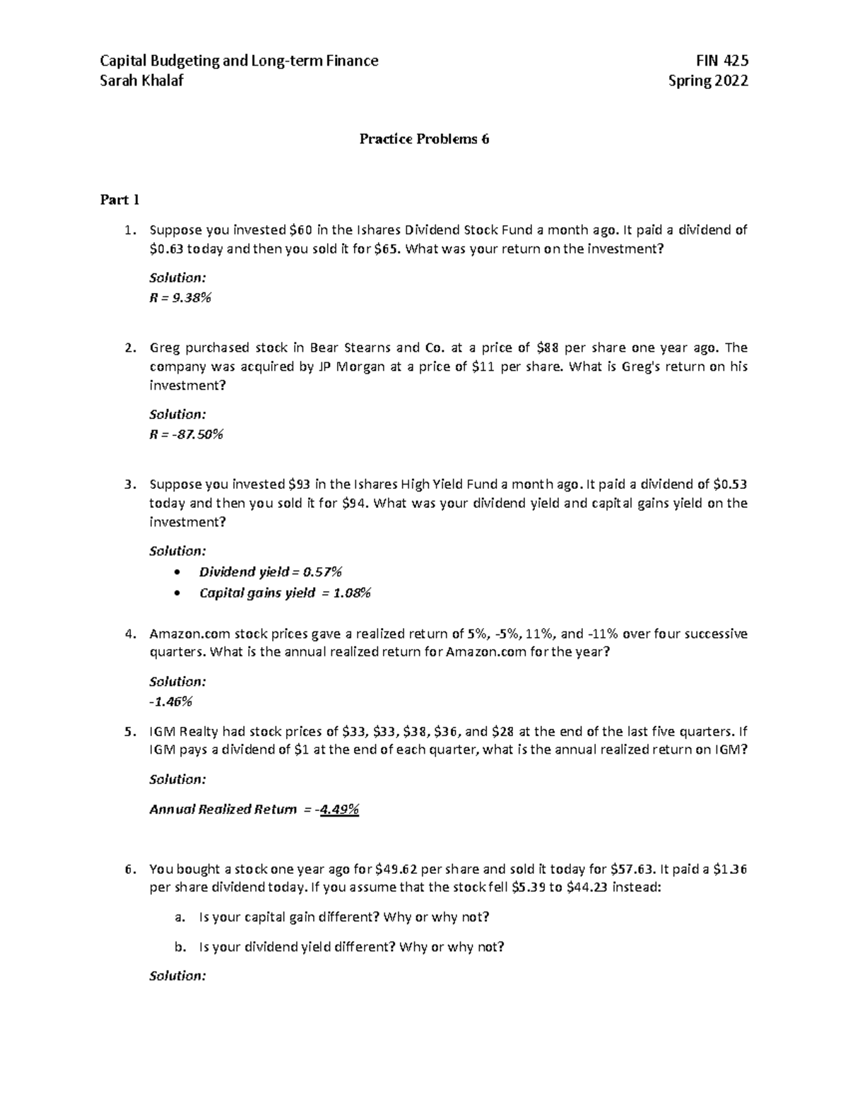 Practice Problems 6 Solutions - Financial Analysis Guide (Spring 2022 ...