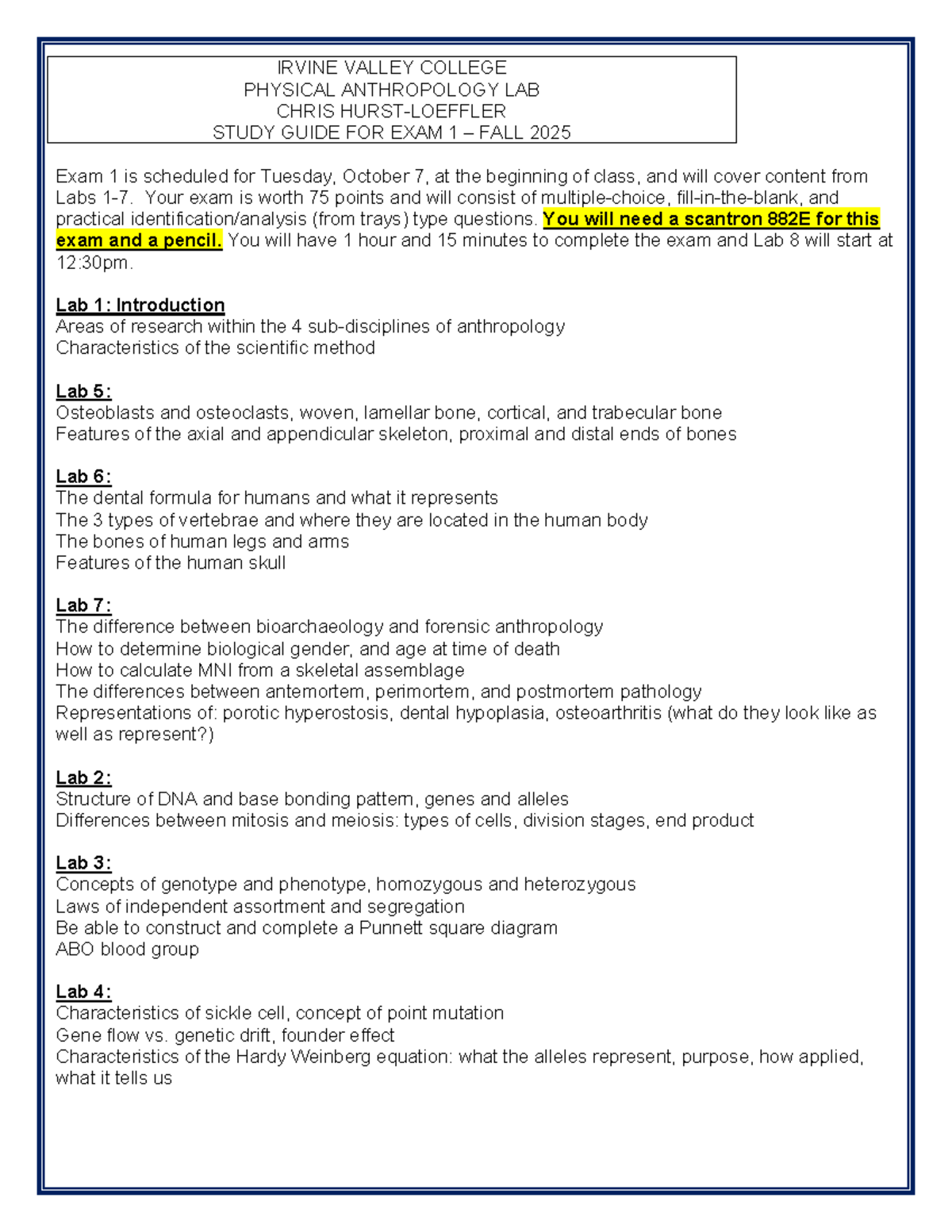 IRVINE VALLEY COLLEGE PHYSICAL ANTHROPOLOGY LAB STUDY GUIDE EXAM 1 ...