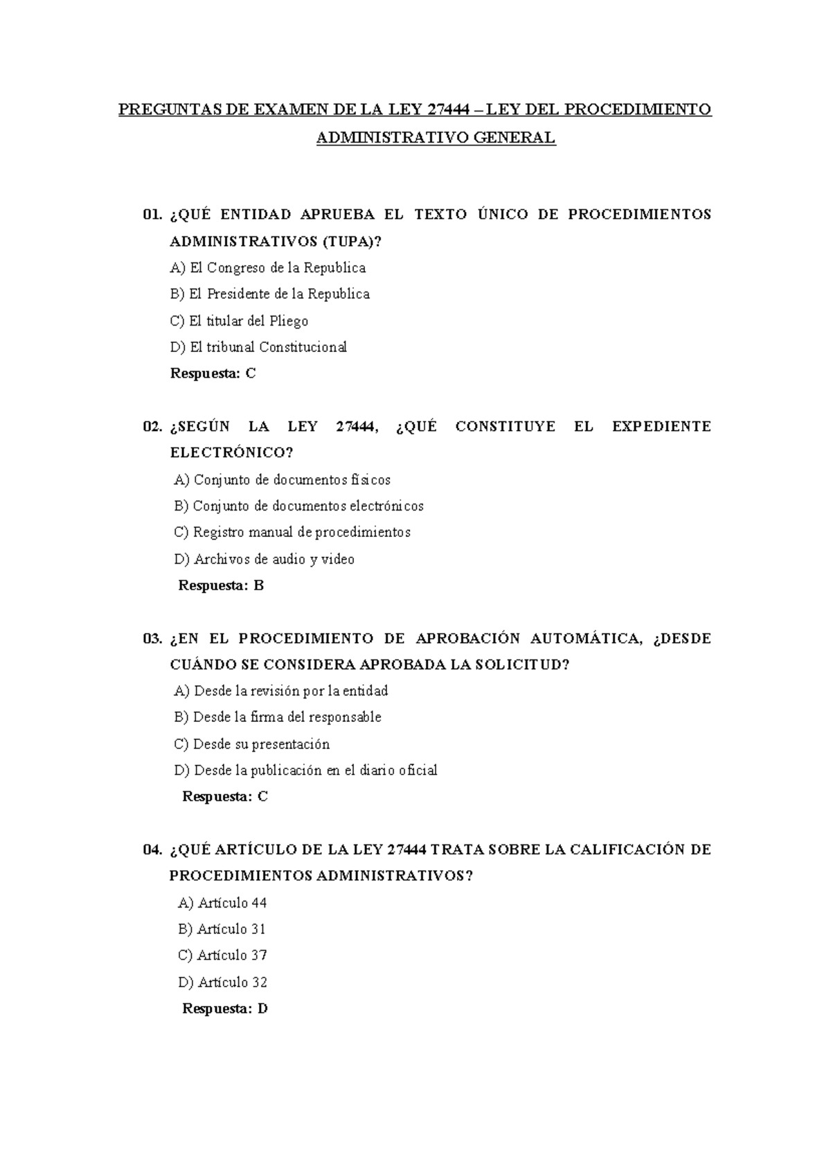 Preguntas de Examen Ley 27444 - Procedimiento Administrativo - Studocu