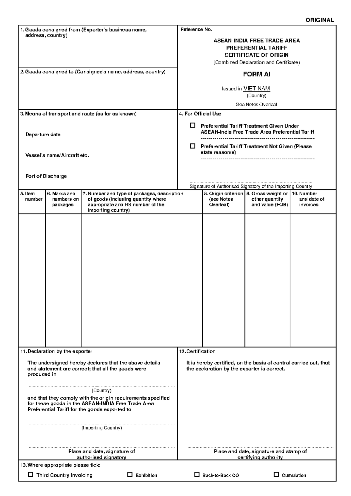 Free Trade Area Preferential Tariff Certificate of Origin - Form AI ...