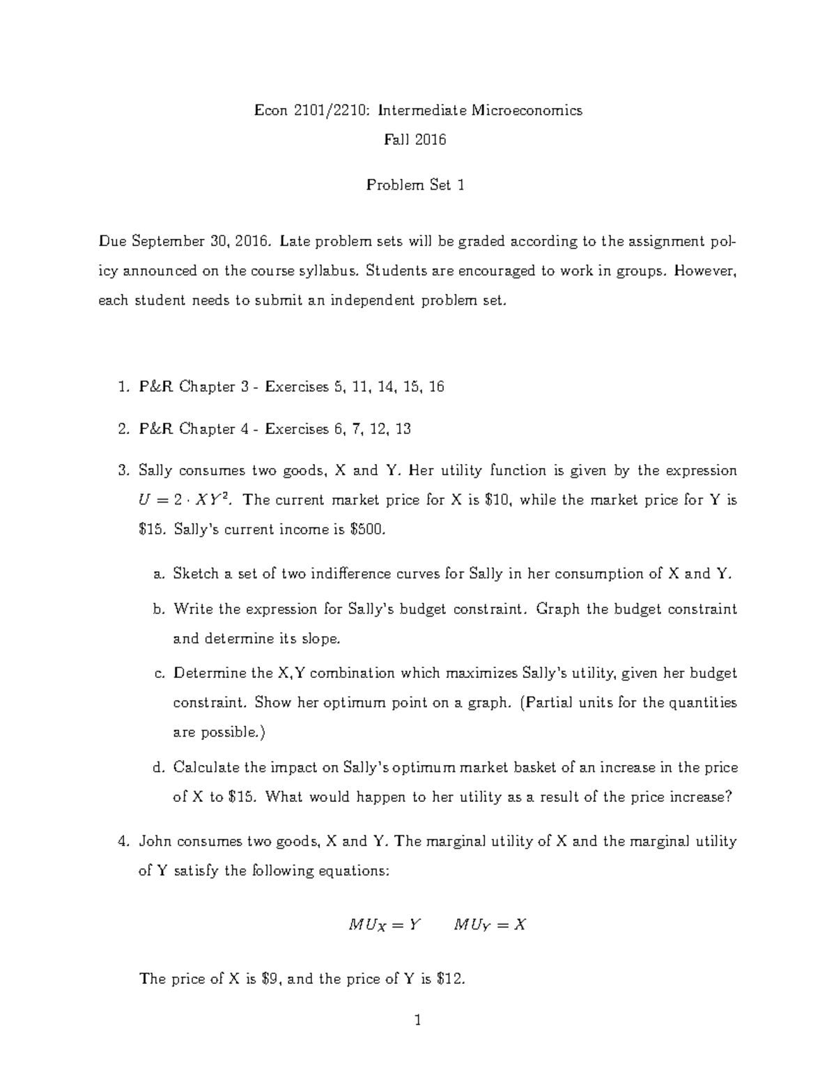 Intermediate Microecon Problem Set - Econ 2101/2210: Intermediate ...