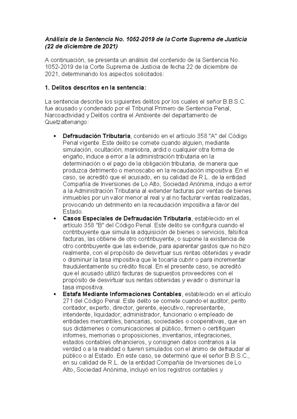 Análisis de la Sentencia No. 1052-2019 de la Corte Suprema de Justicia ...