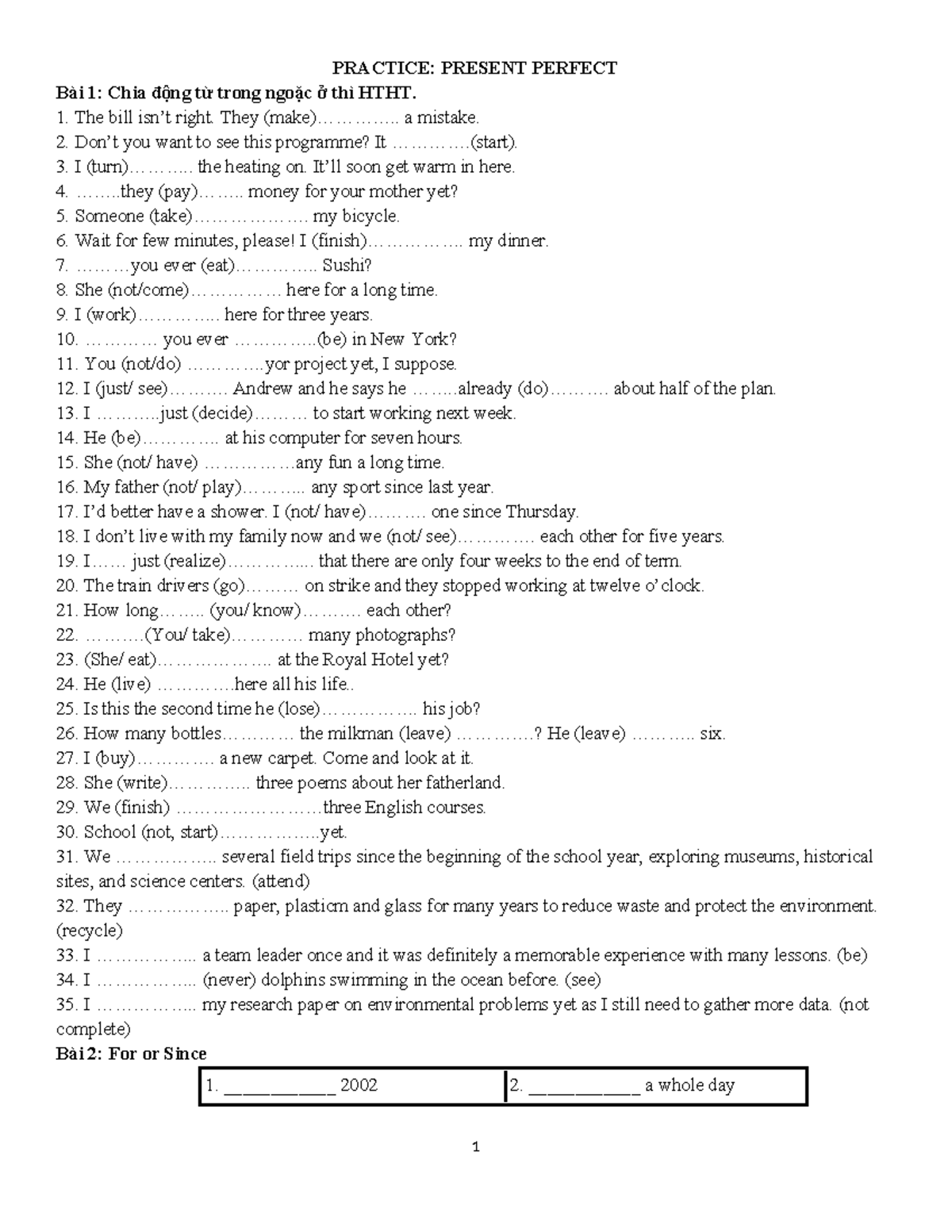 PRACTICE: PRESENT PERFECT Exercises for Mastery of Tense Usage - Studocu