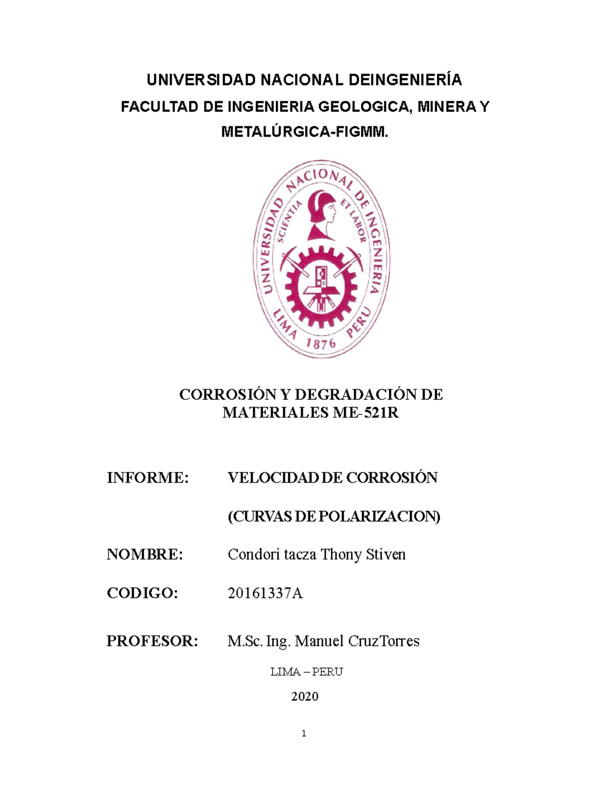 Informe de Velocidad de Corrosión ME-521R por Condori Tacza Thony - Document Preview