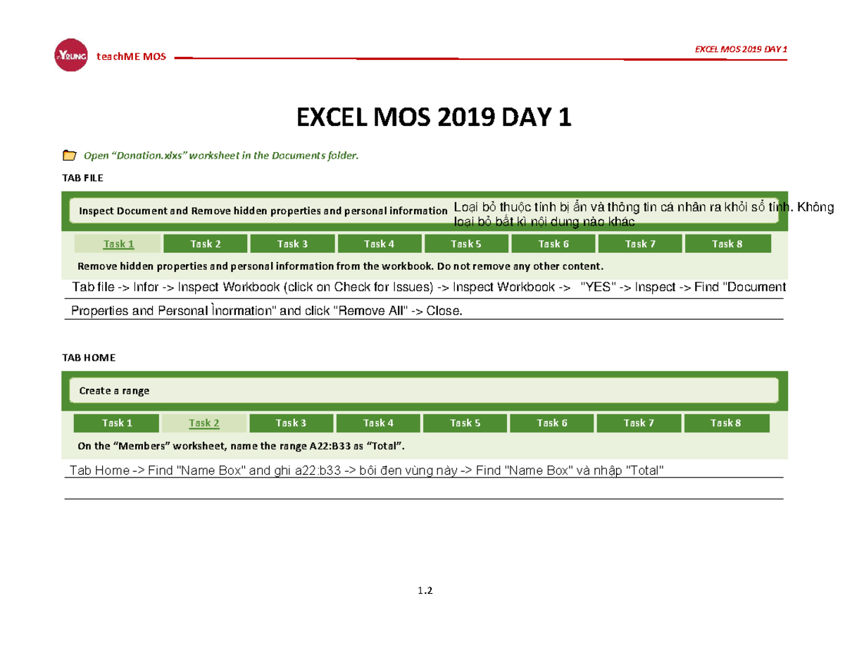 EXCEL MOS 2019 DAY 1: Formatting and Properties Guide - Studocu