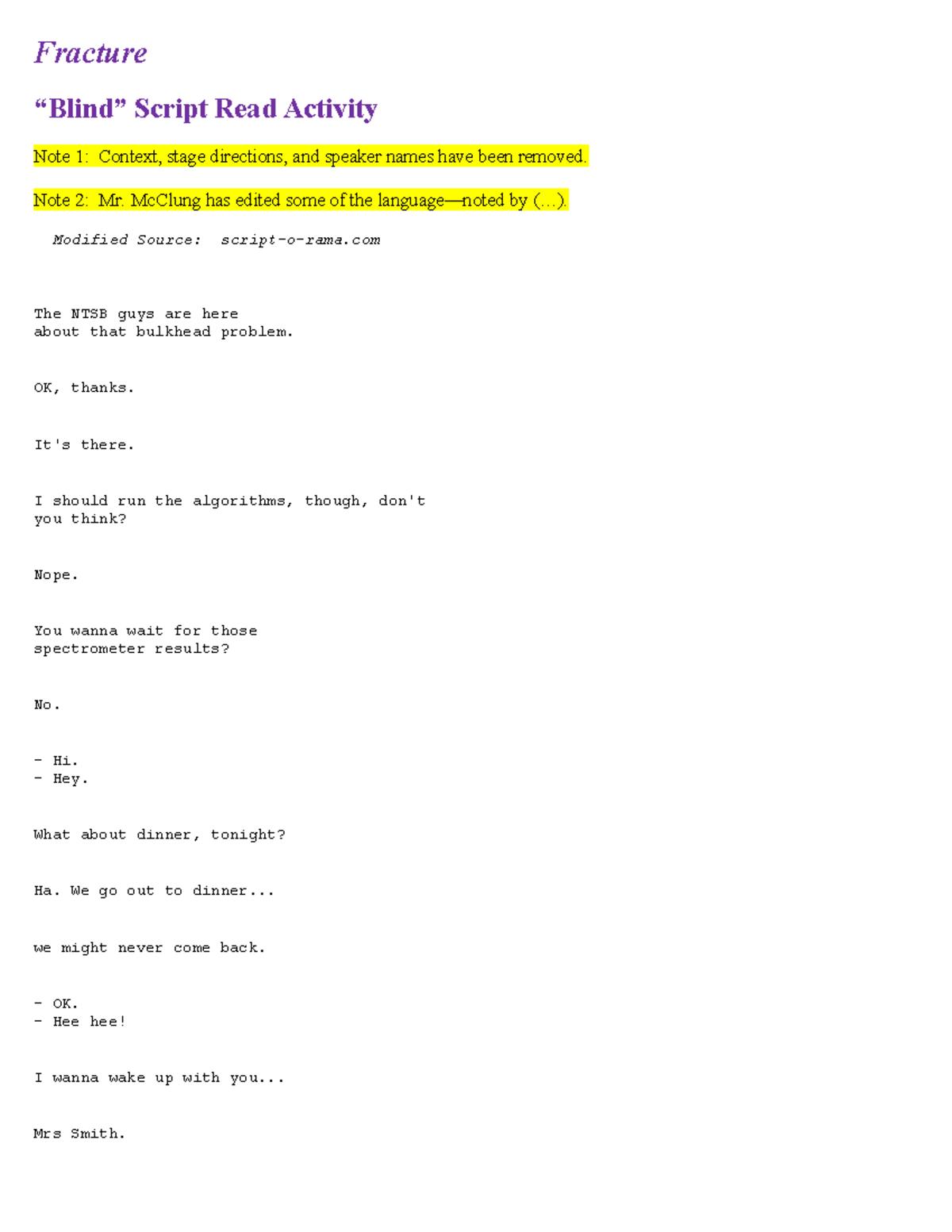 Fracture Script Read Activity: Context & Character Analysis - Studocu