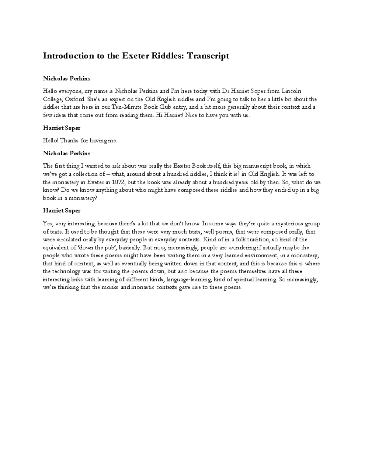 Introduction to the Exeter Riddles: Transcript with Dr. Soper - Studocu