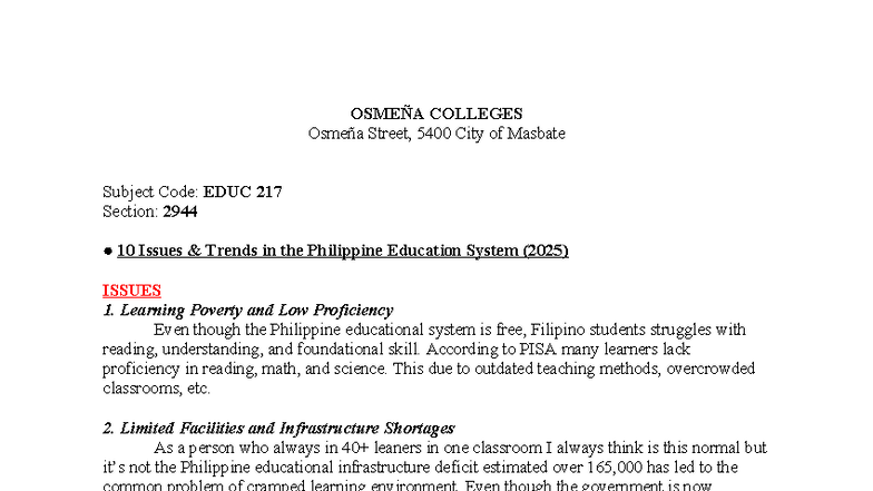 EDUC 217 Issues and Trends in the Philippine Education System (2025 ...