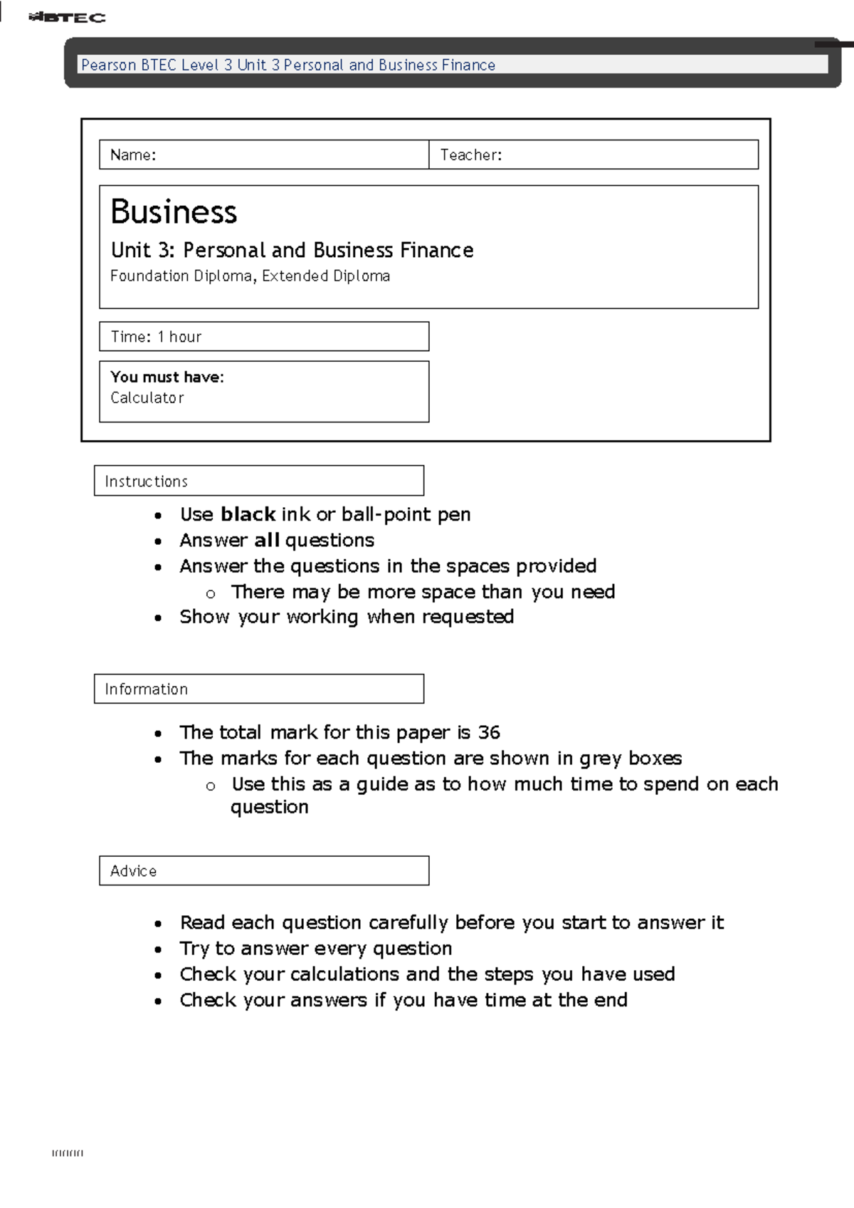 Y12 Business - Unit 3 - Personal and Business Finance Section A Exam ...
