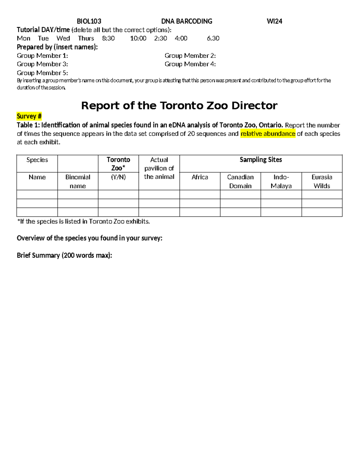 E DNA Final Report Template W 24 updated - BIOL103 DNA BARCODING WI ...