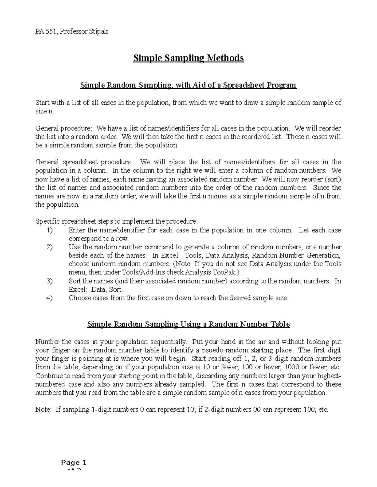 Sampling Methods - math - PA 551, Professor Stipak Simple Sampling ...