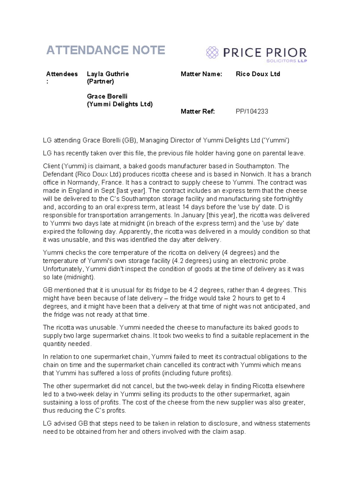 Attendance Note: Yummi Delights Ltd vs. Rico Doux Ltd - LG & GB Meeting ...