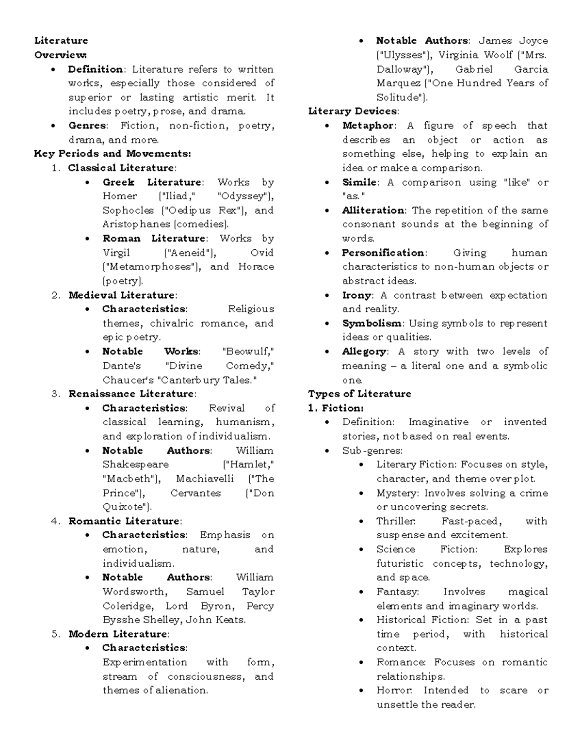 Literature Overview: Key Concepts, Genres, and Notable Works - Studocu