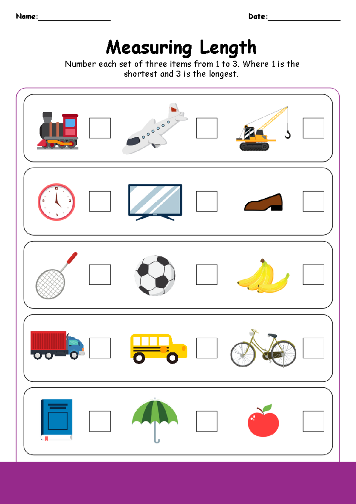 Measuring Length: Shortest to Longest - 1st Grade Worksheet - Name ...