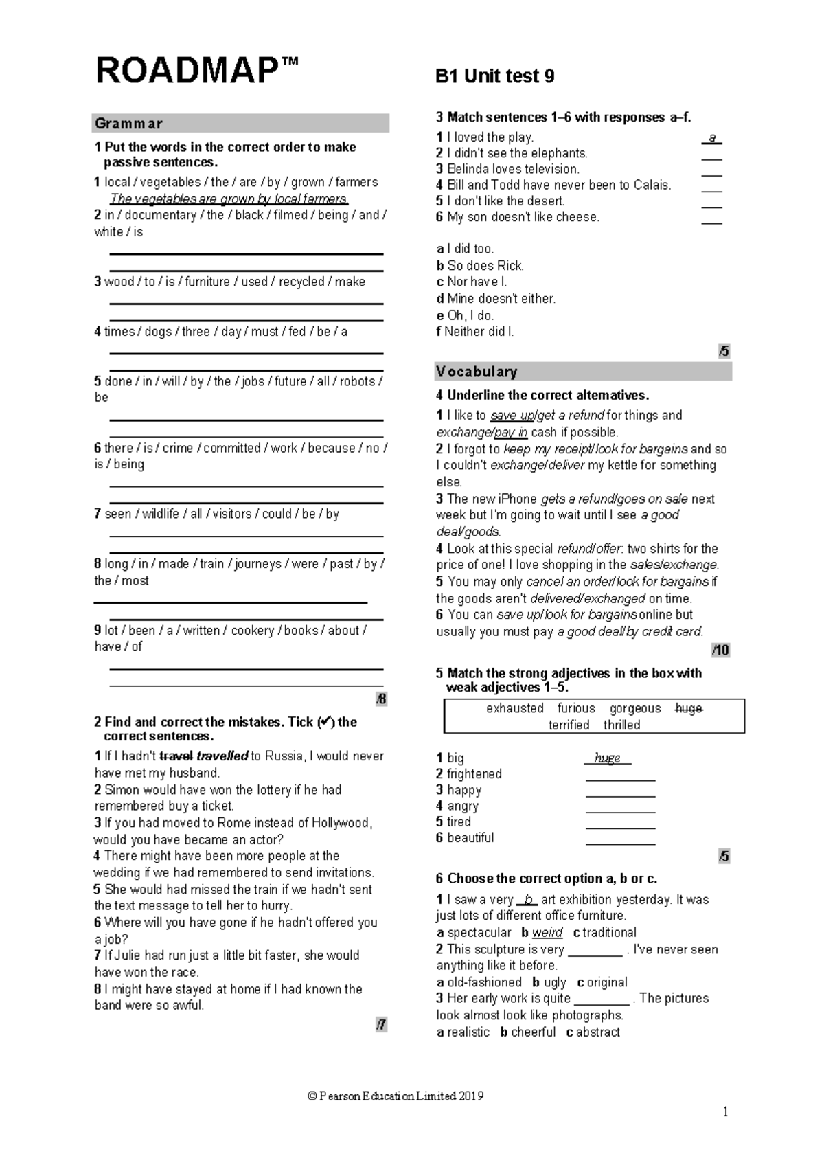 Unit Test 9 (B1) - Grammar & Vocabulary Answers - Studocu