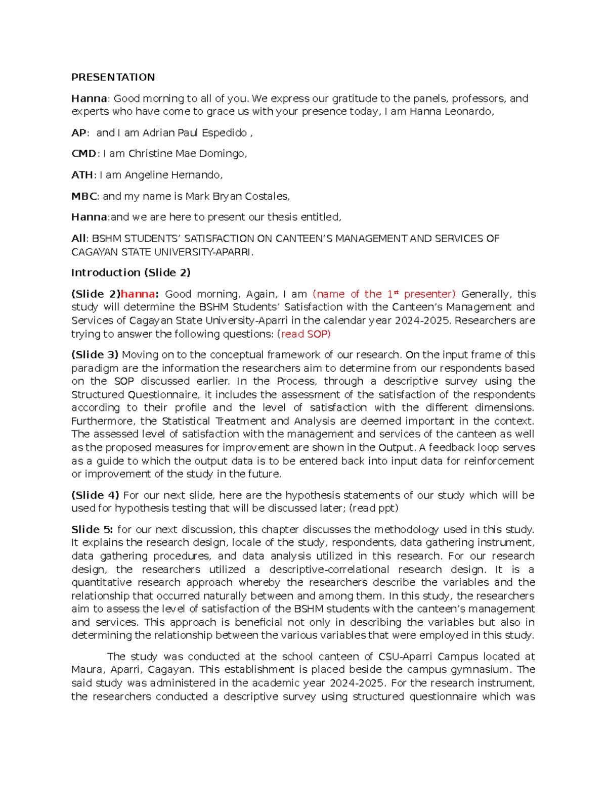 Script for Thesis Defense: BSHM Satisfaction with Canteen Services ...