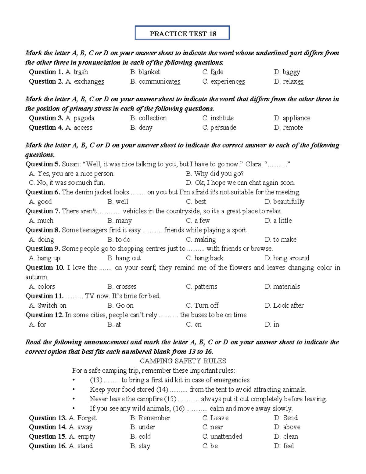 PRACTICE TEST 18: Pronunciation and Stress Questions - Studocu