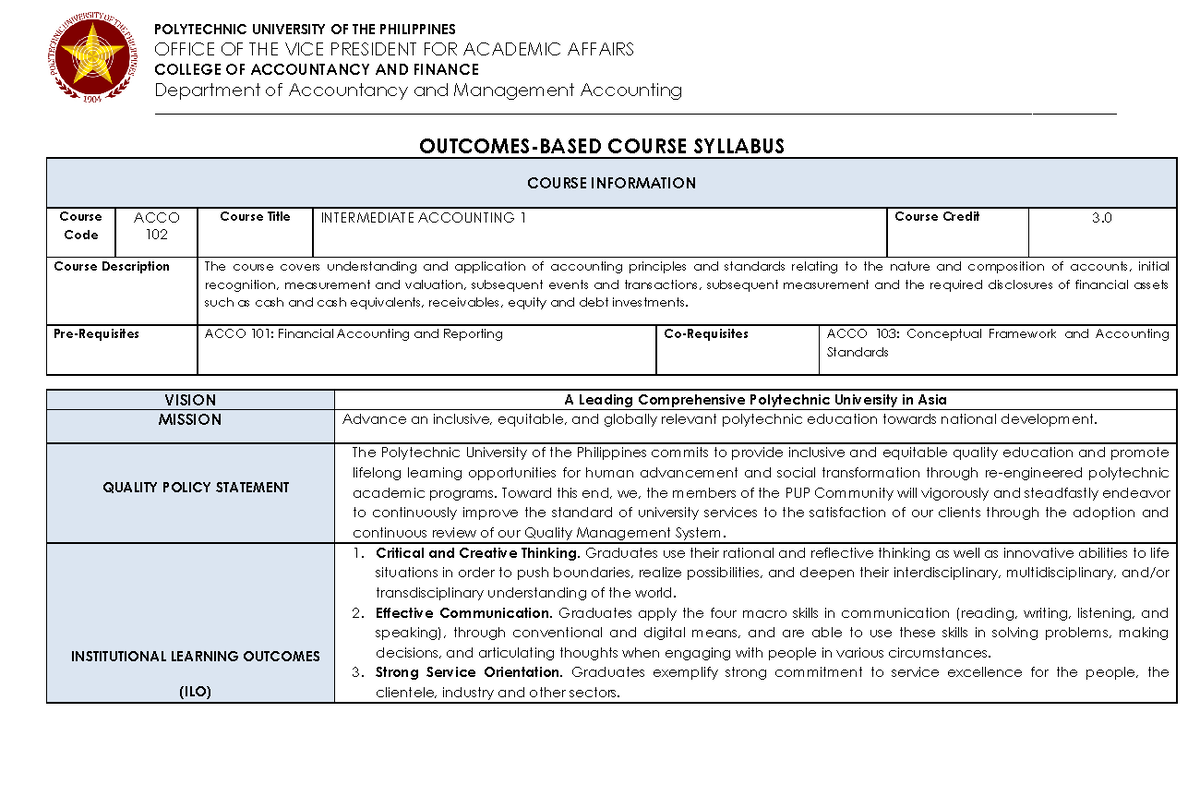 ACCO 102: Syllabus for Intermediate Accounting 1 (1st Year BSA) - Studocu
