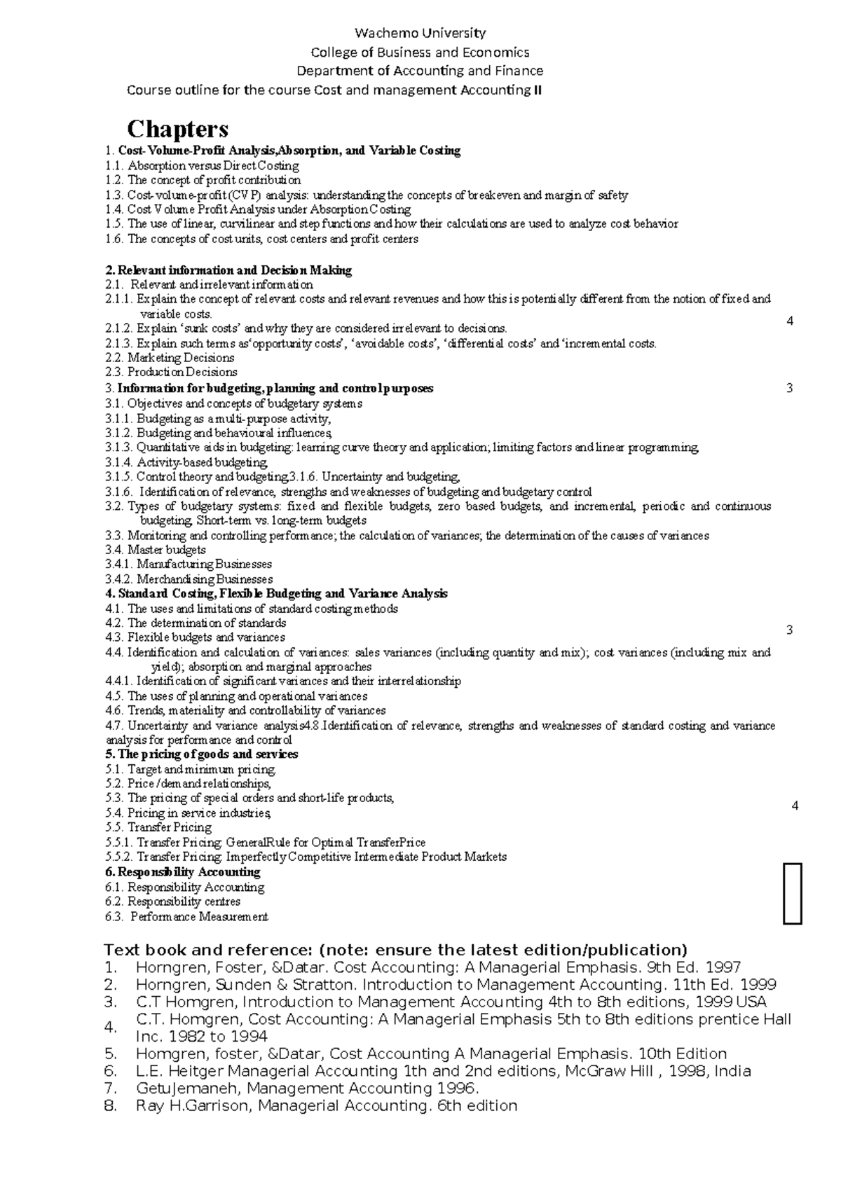 CMA II Course Outline: Cost & Management Accounting Concepts - Studocu