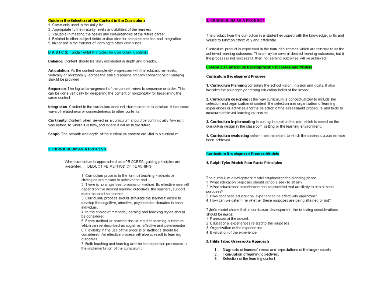 EDUC 9: Curriculum Content Selection and Development Guidelines - Studocu