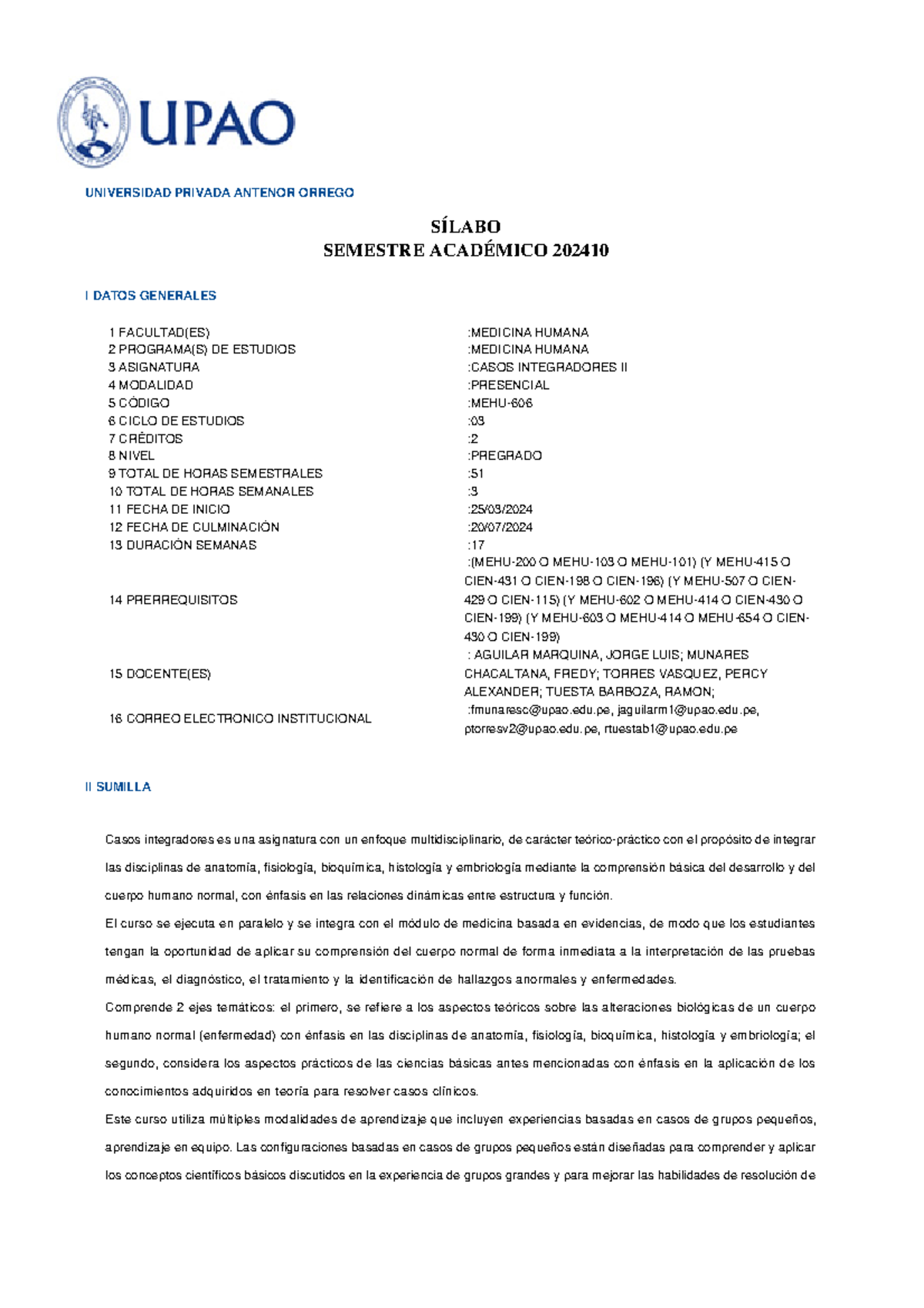 Sílabos de Casos Integradores II (MEHU-) - Semestre 202410 - Document Preview