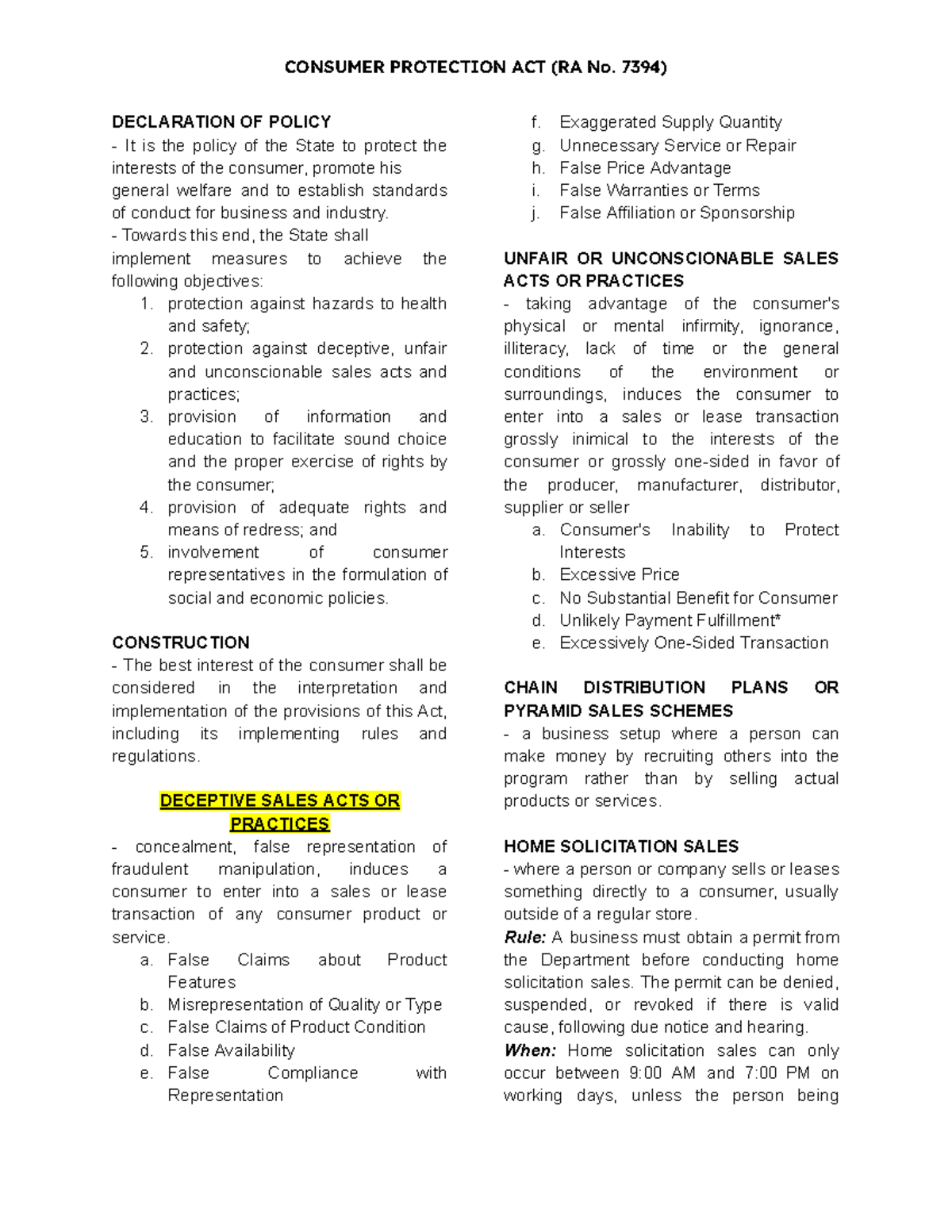 Consumer Protection Act (RA No. 7394): Key Policies & Provisions - Studocu