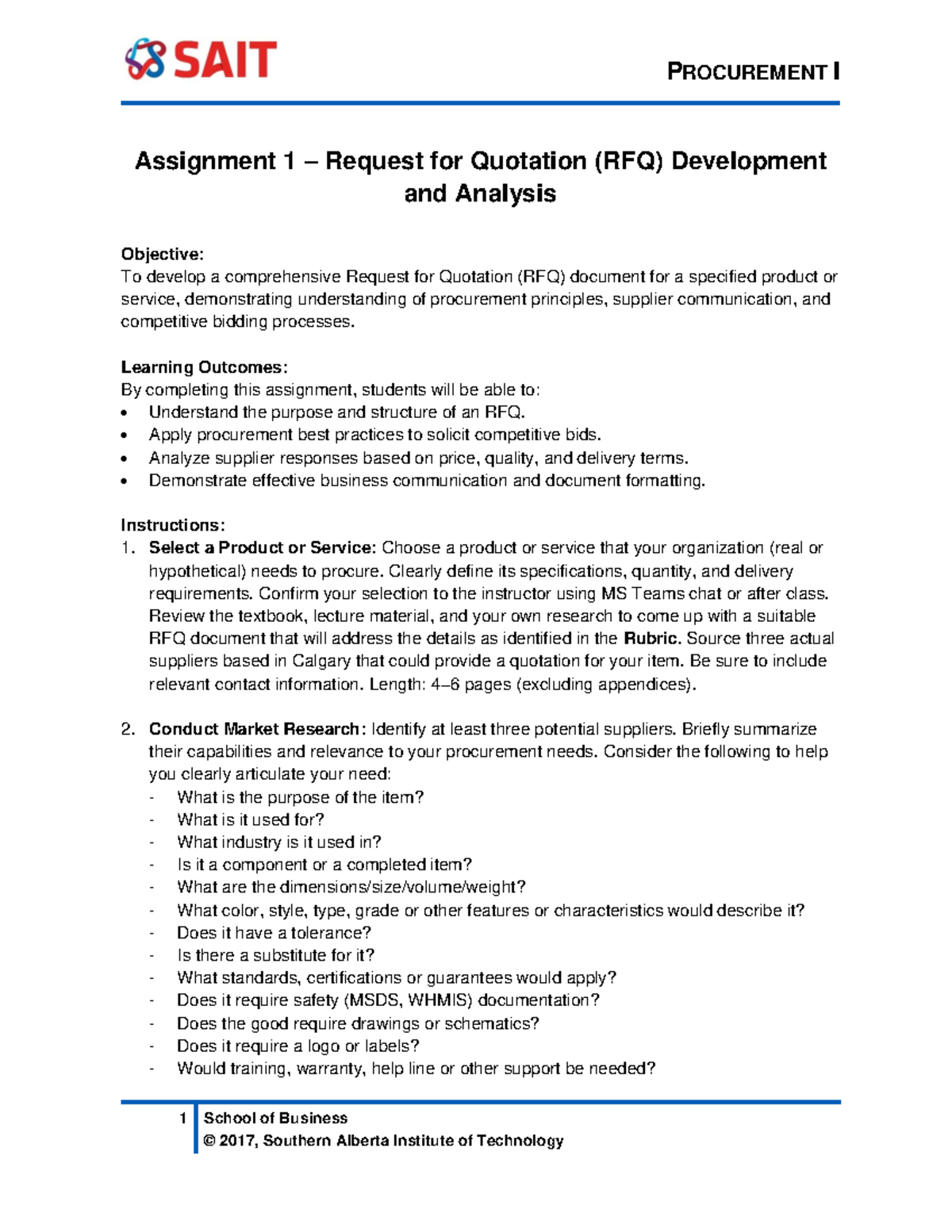PROCUREMENT I Assignment 1: RFQ Development & Analysis Guide - Studocu