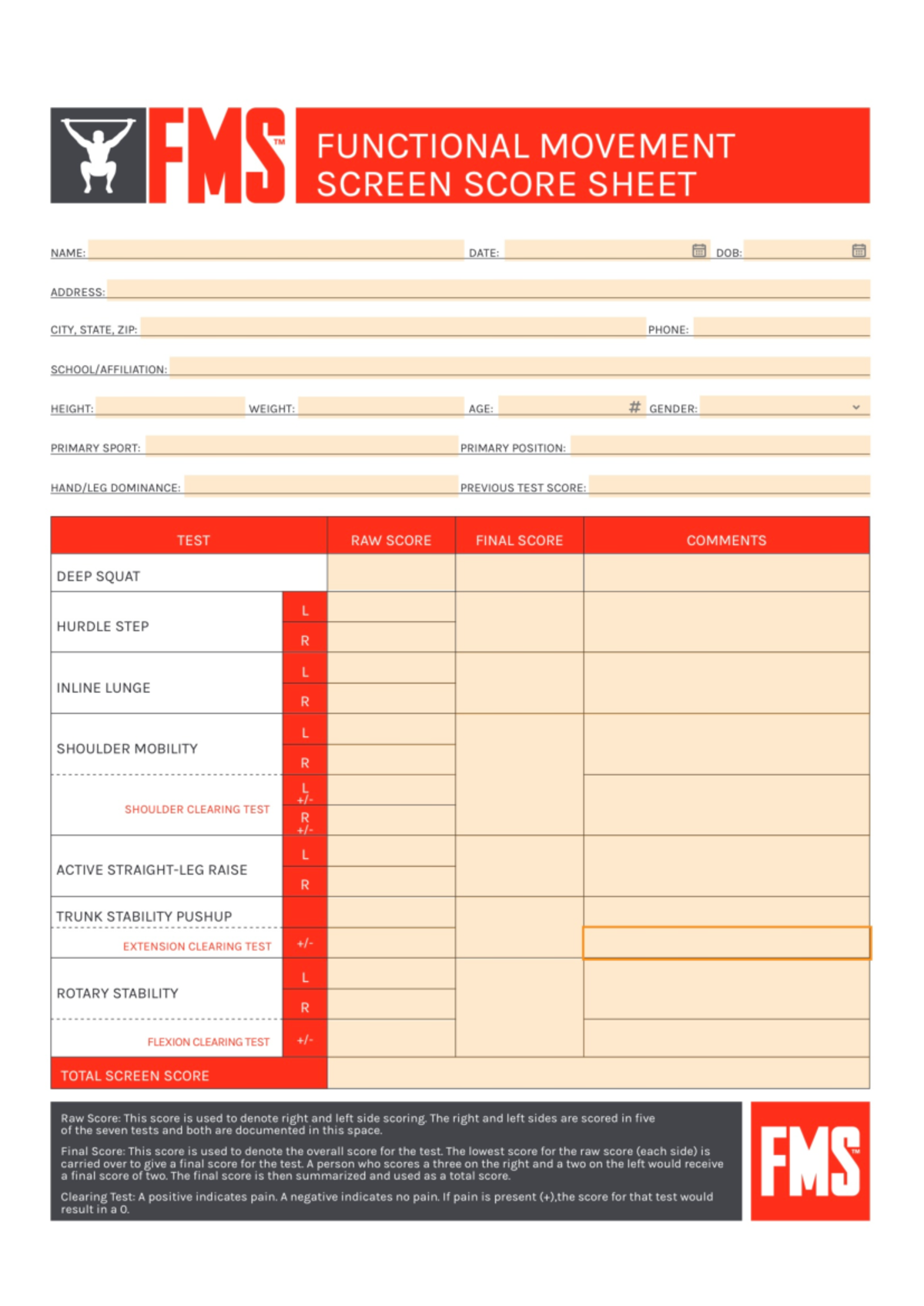 FMS 101 - Functional Movement Screen Score Sheet Template - Studocu