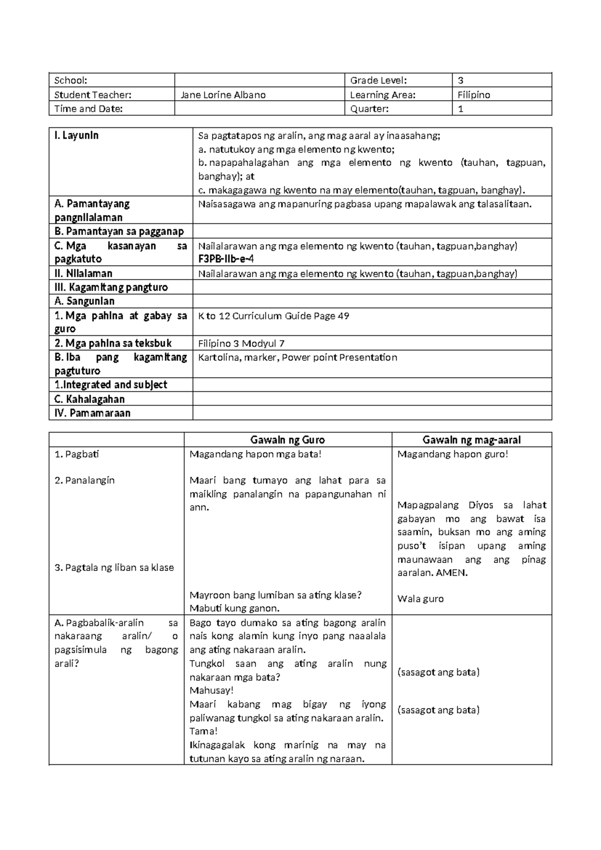 Filipino 1 Lesson Plan: Elements of a Story and Activities - Studocu