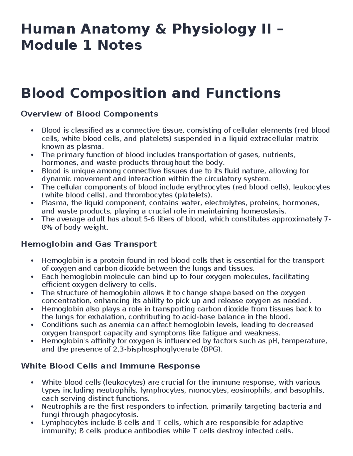 Human Anatomy & Physiology II - Module 1: Blood Composition & Functions ...