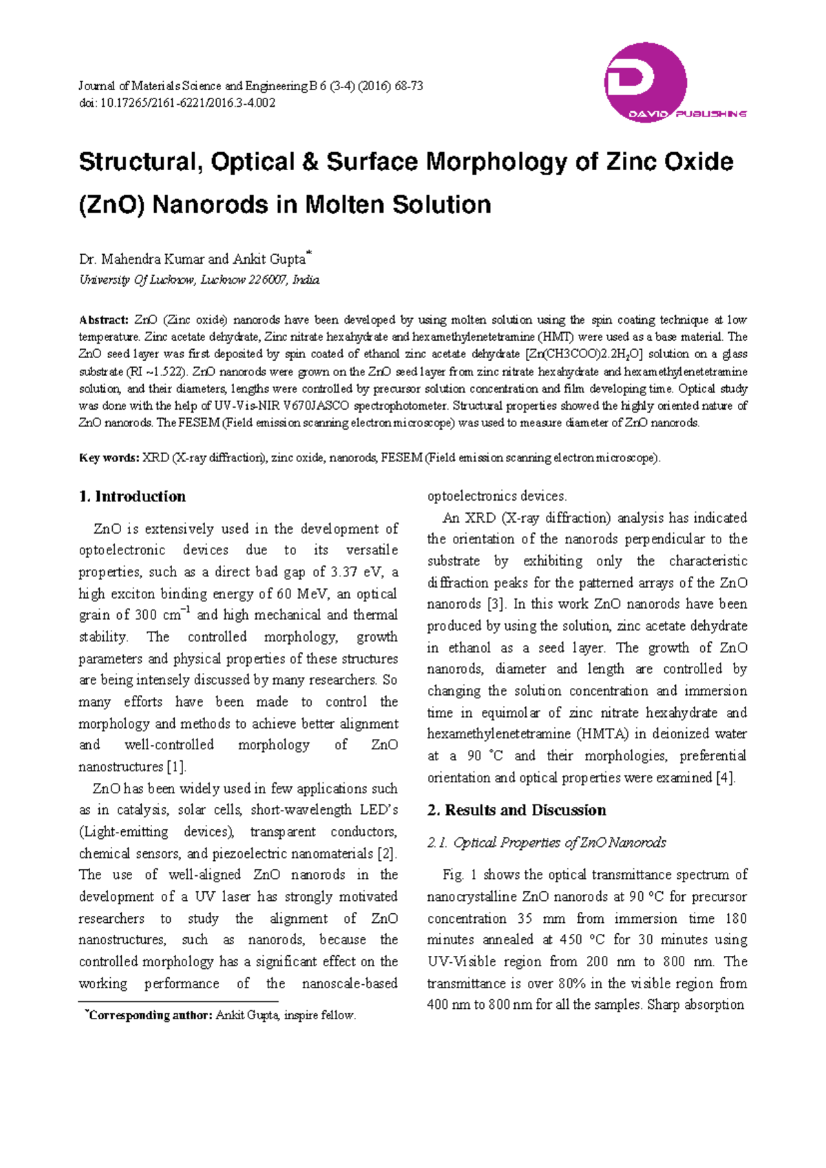 Structural and Optical Properties of ZnO Nanorods (ENG 101) - Studocu
