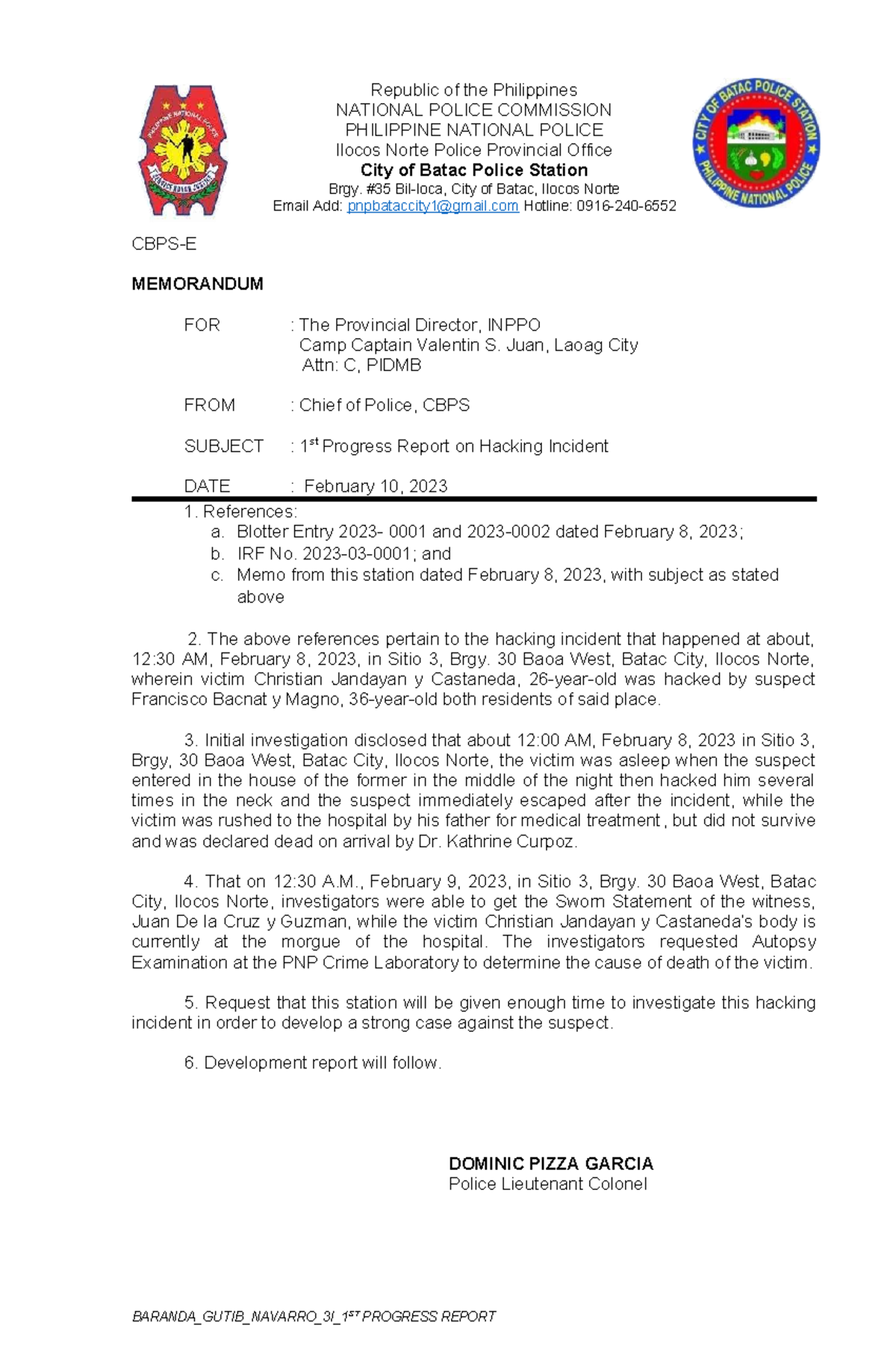 1st- Progress- Report - None - Republic of the Philippines NATIONAL ...