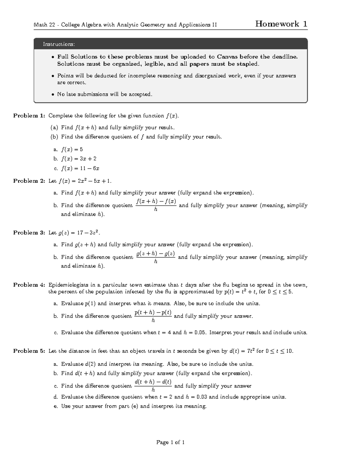 Math 22 - College Algebra: Homework 1 Full Solutions Guide - Studocu
