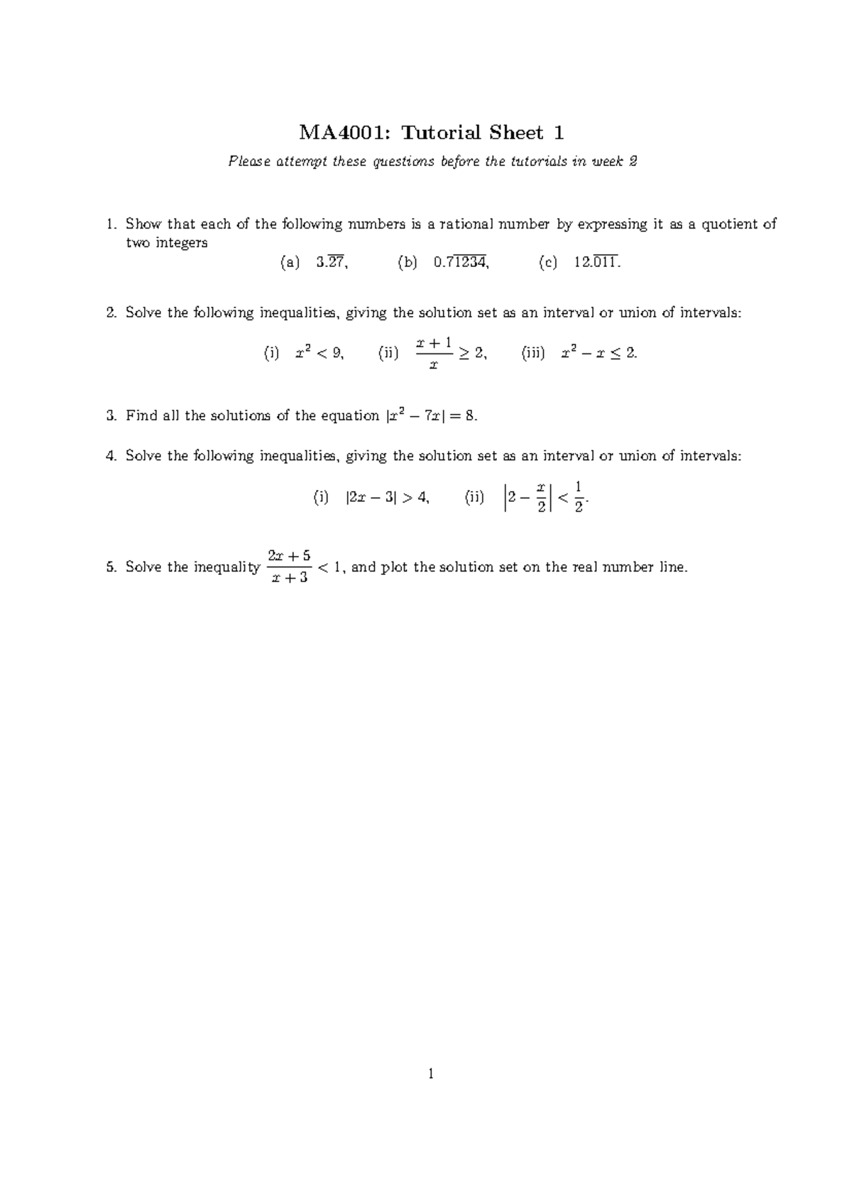 MA4001: Tutorial Sheet 1 - Rational Numbers & Inequalities - Studocu