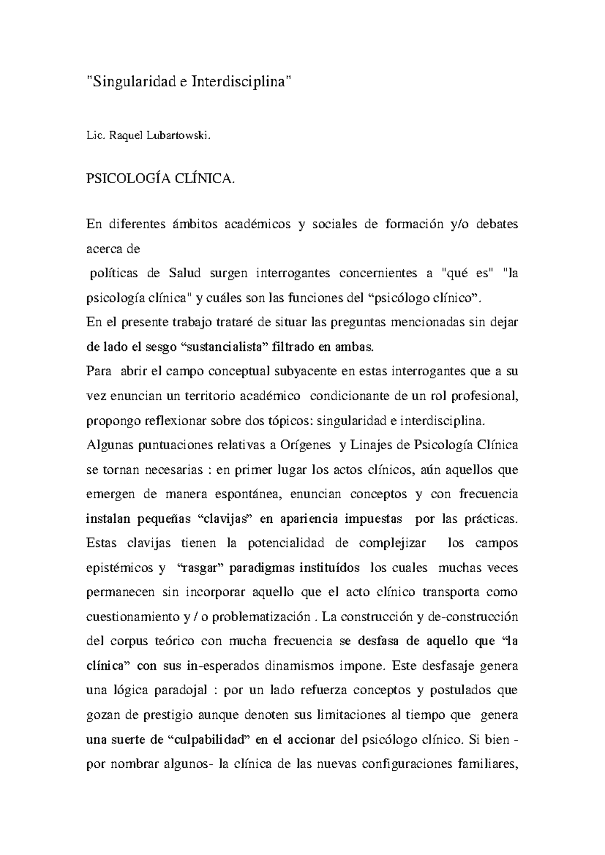 Psicología Clínica: Singularidad e Interdisciplina en el Debate Académico - Document Preview