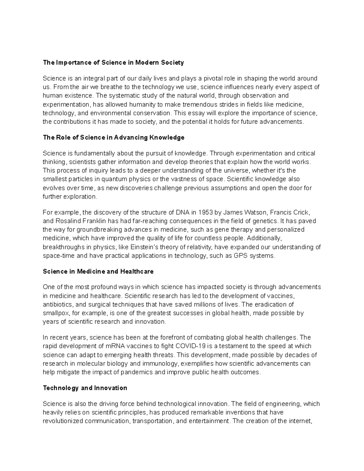 The Role of Science in Society: Contributions & Innovations Essay - Studocu
