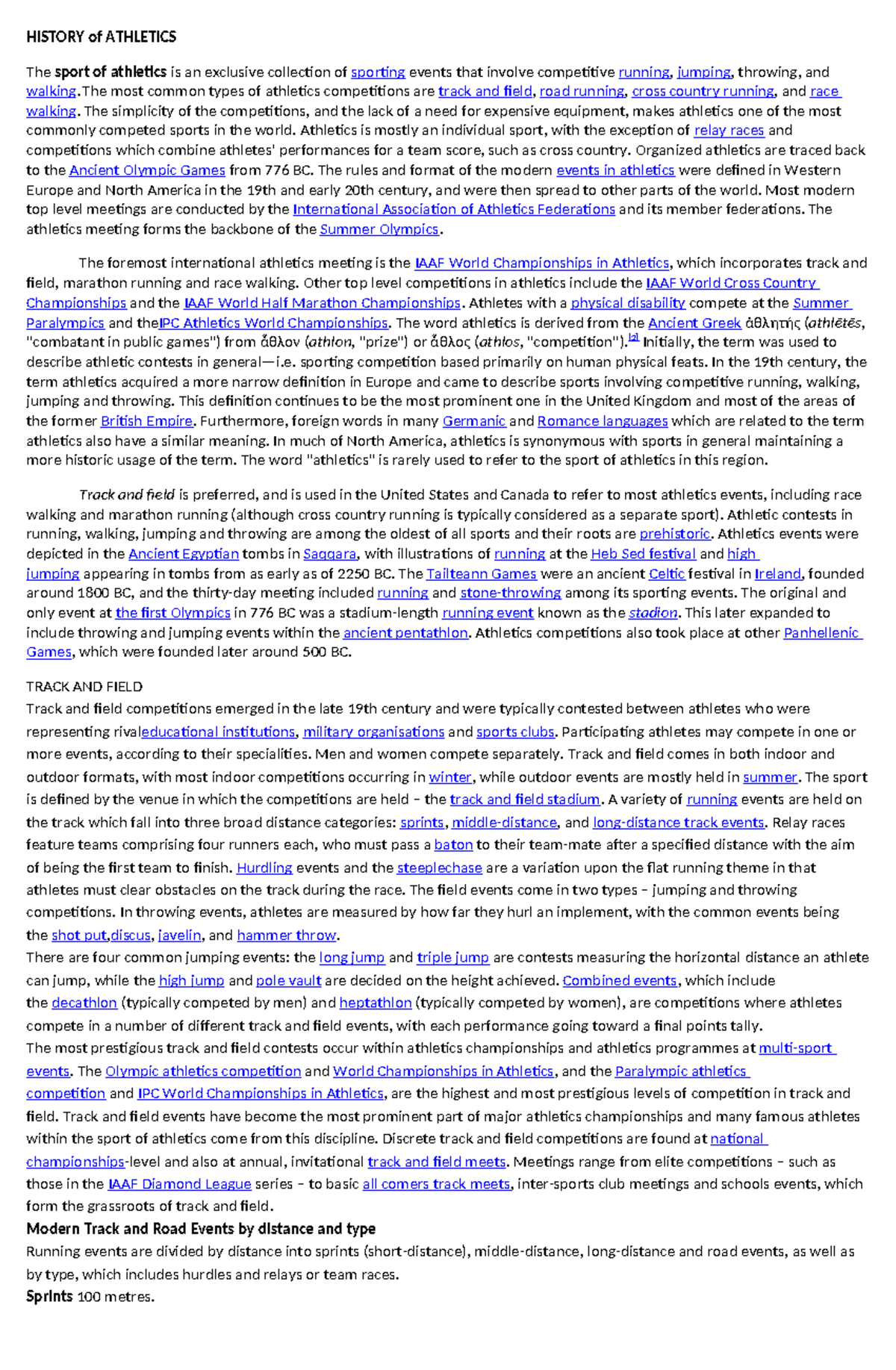 History of Athletics - Lecture Notes for HOPE 2 Course - Studocu